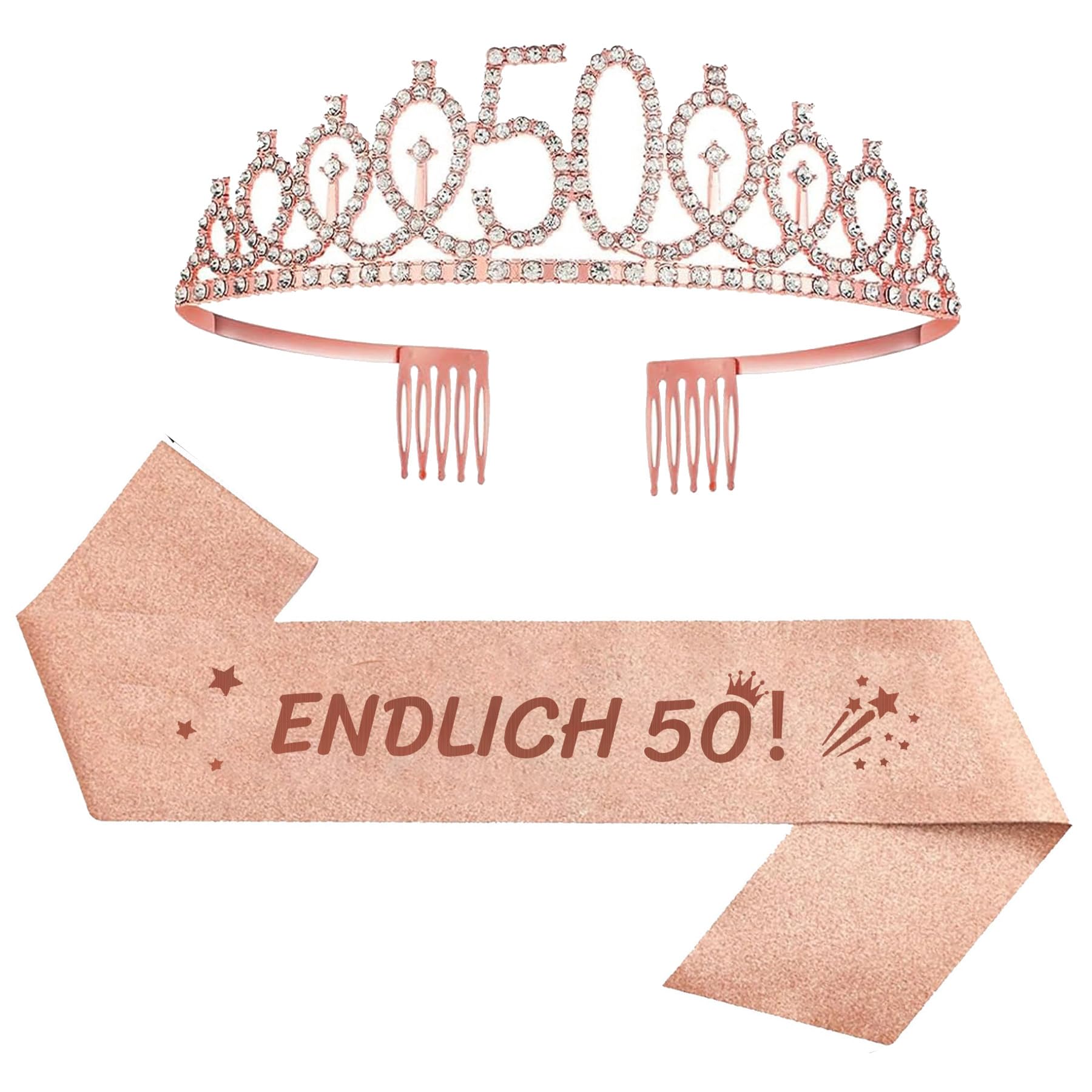 Ensemble Couronne & Écharpe 50 Ans Or Rose - Diadème Tiare Et Sash Anniversaire Femme