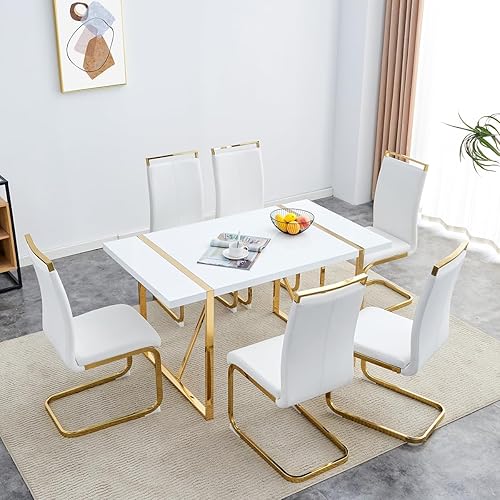 Vista 22 de Juego de mesa de comedor gopop para 6, juego de mesa y sillas de cocina de 6, mesa de 140 cm x 85 cm con acabado de laca blanca brillante y marco