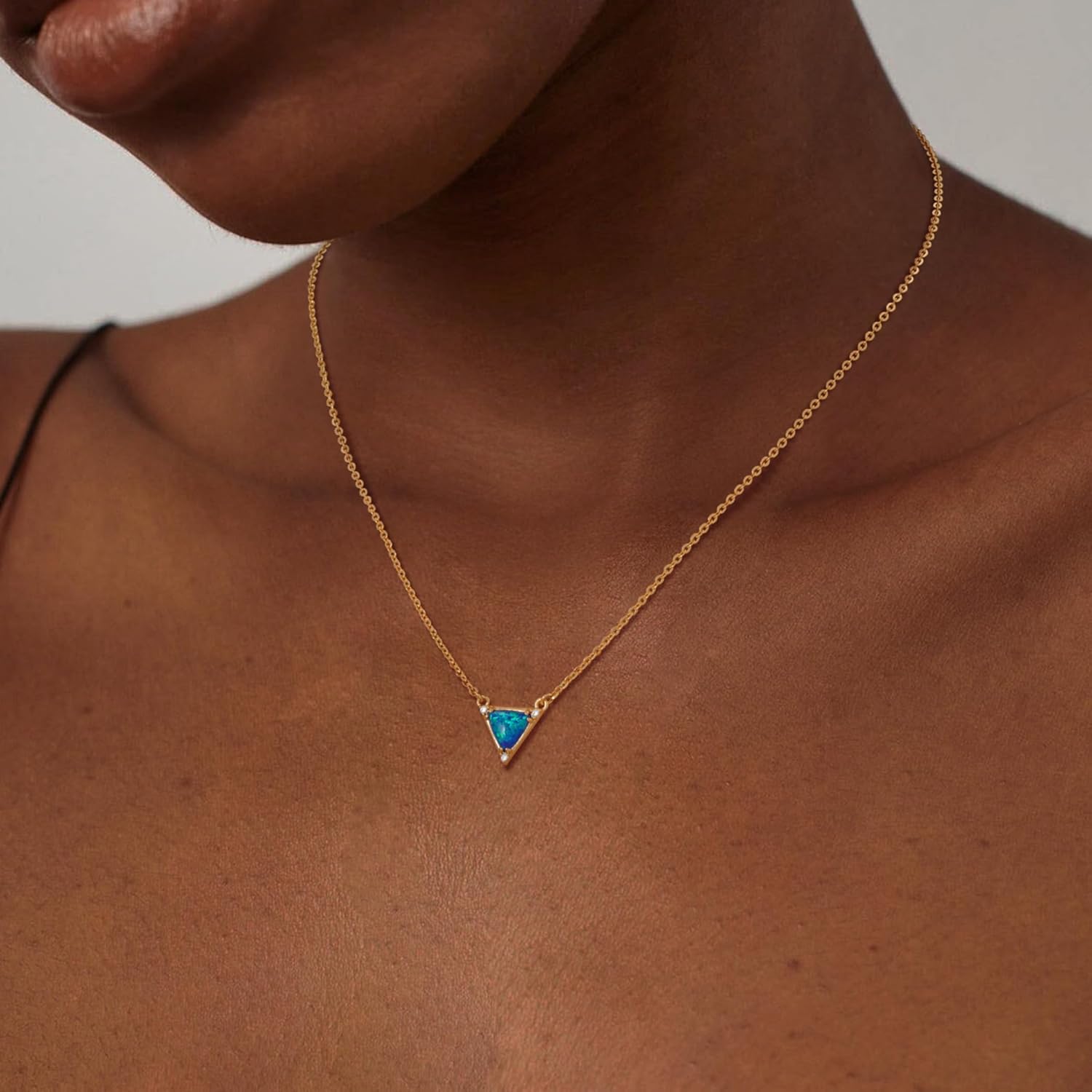 Triangle Shape Blue Opal Necklace for Women 14K Gold Plated Cubic Zirconia Dainty Created Opal Pendant Necklaces Opal Jewelry - Image 2