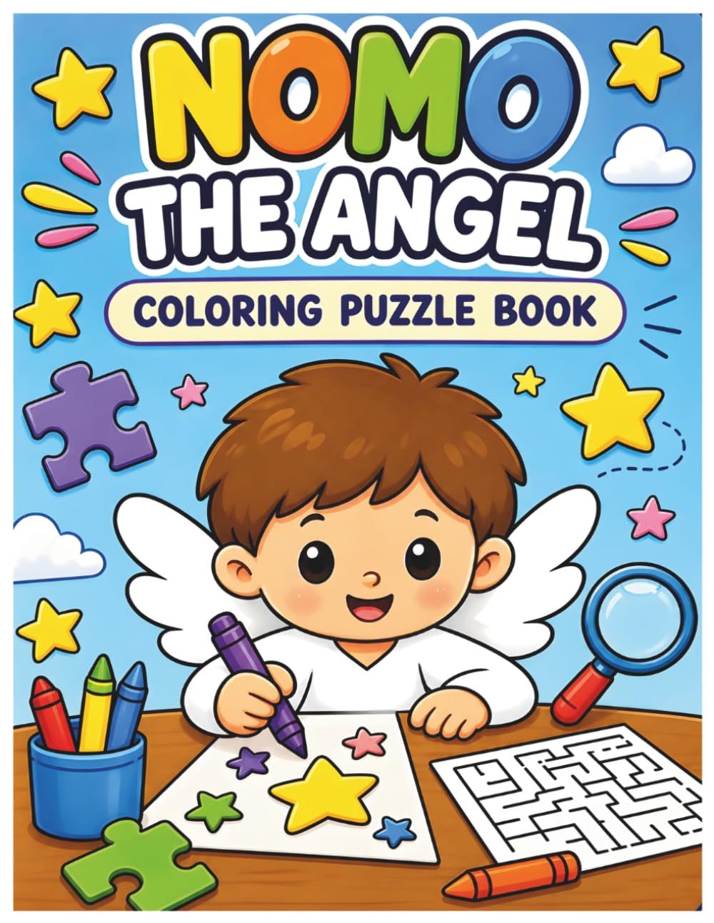 NOMO THE ANGEL: Coloring Puzzle Book for Kids Fun Search, Maze, Match & Hidden Object Activities