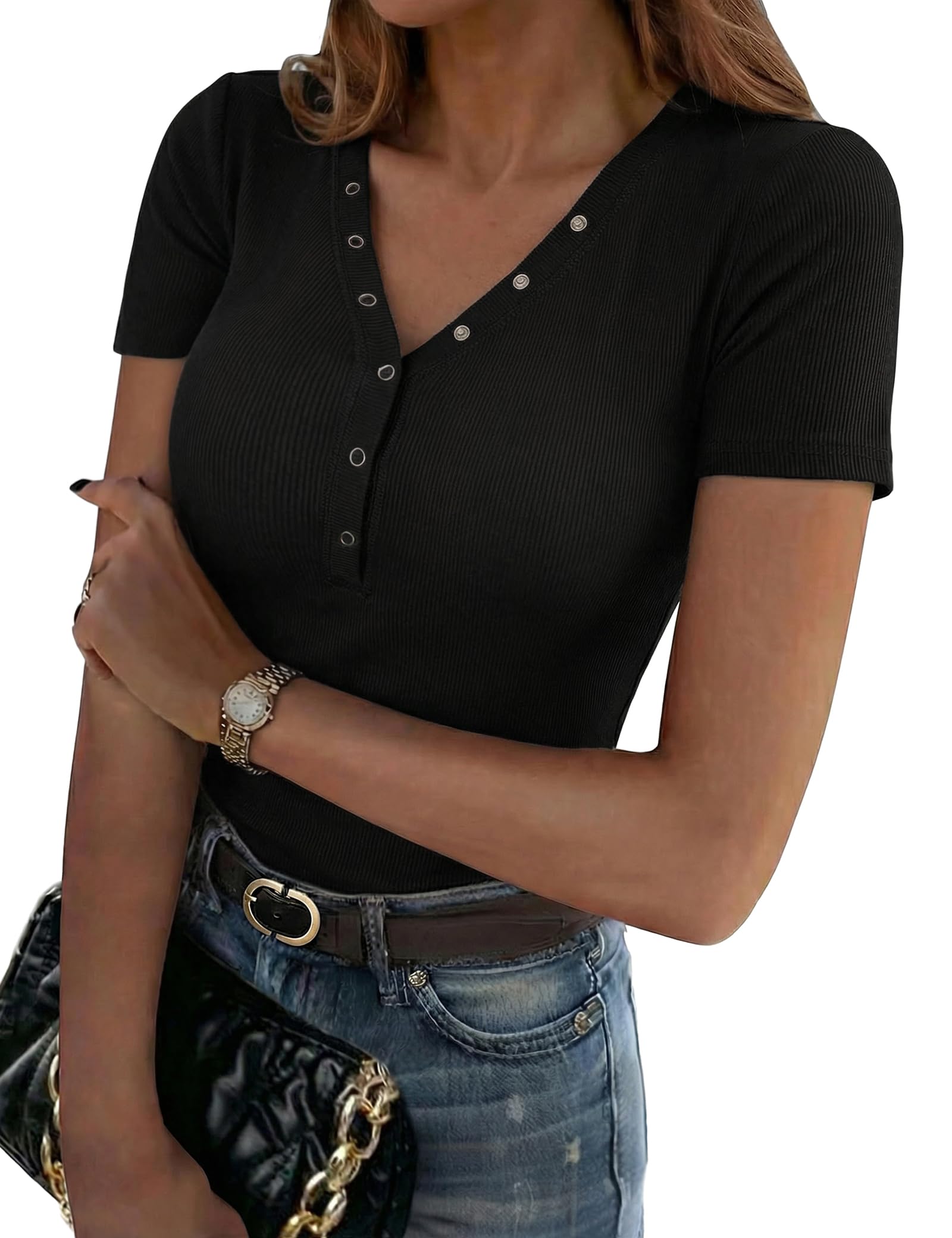 Aottori T-Shirt Damen V-Ausschnitt mit Knöpfen Oberteile Kurzarm Sommer Gerippt Tee Shirts Elegant Slim Fit Tshirt Stretch Casual Basic Tops Einfarbig