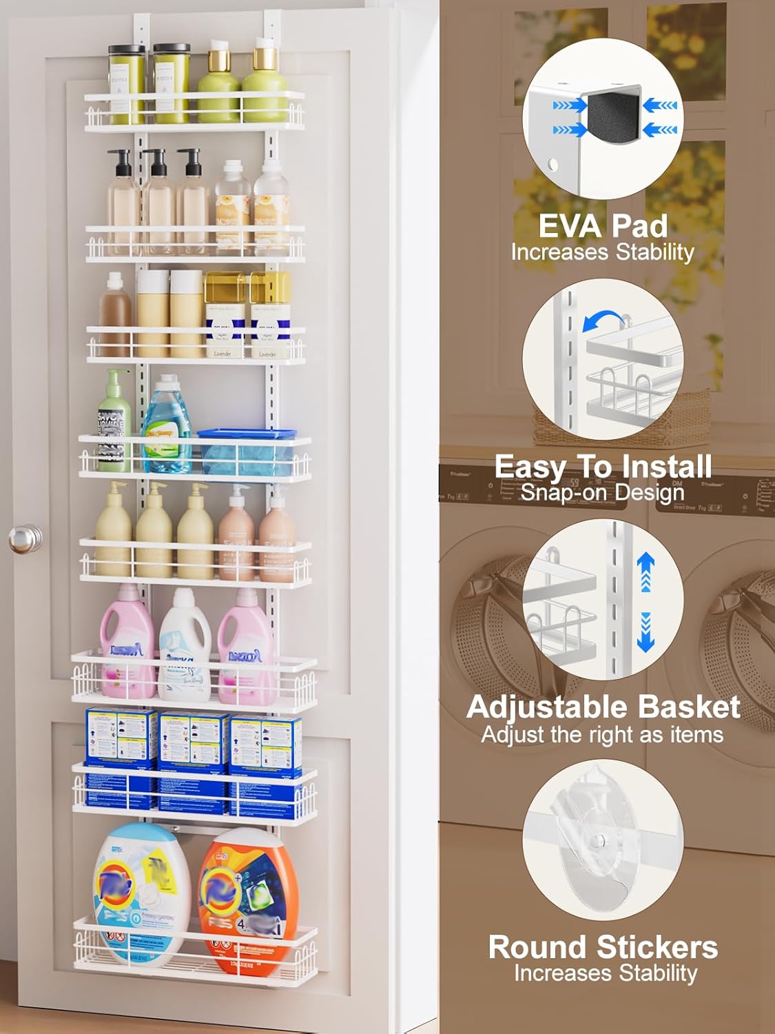 Delamu 9 Tier Over The Door Pantry Organizer, Pantry Organization and Storage, Hanging Spice Rack for Pantry Door Organizer, Metal Pantry Door Shelves for Kitchen Bathroom Laundry Room,15.3" White