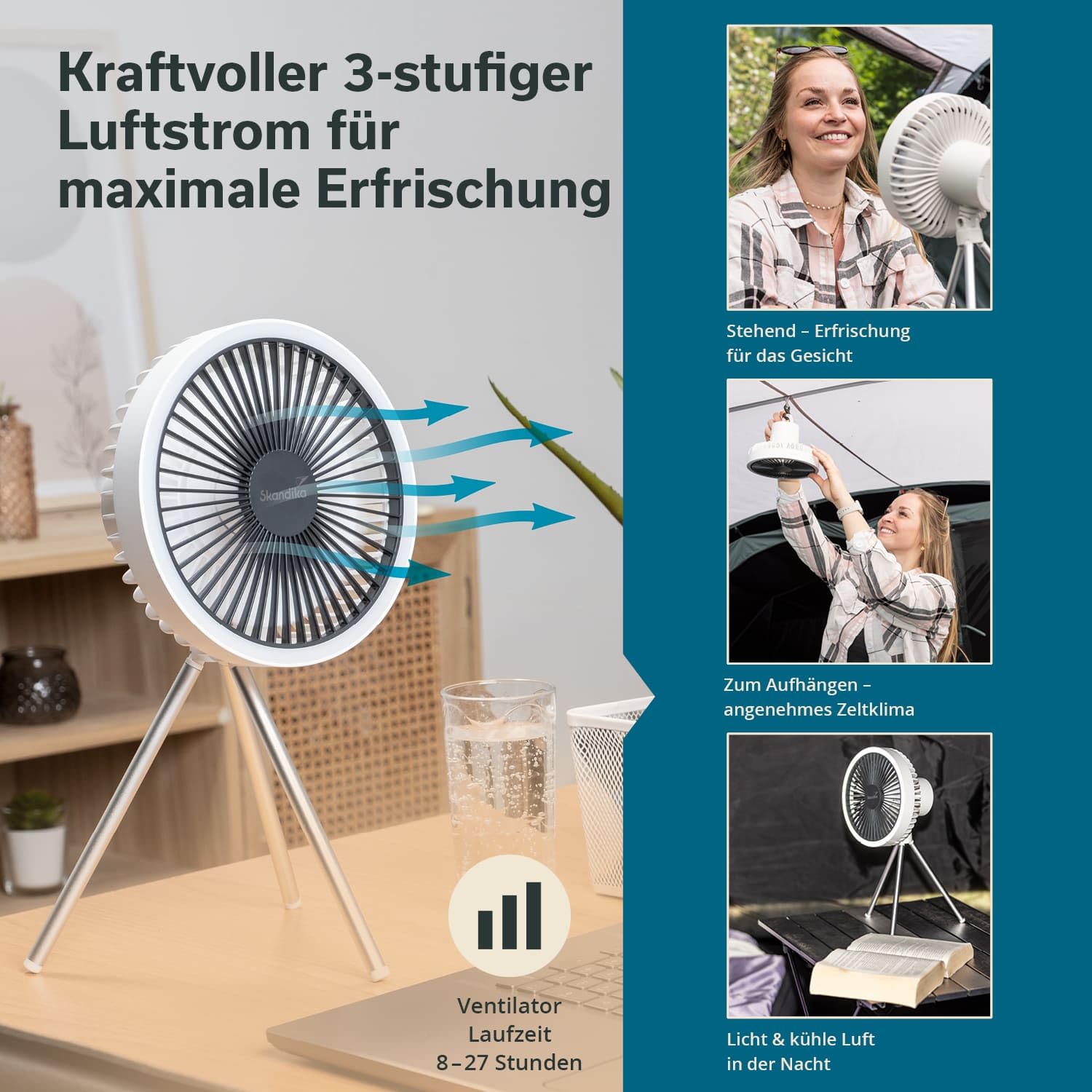 Skandika lampa kempingowa Solvind LED z wentylatorem | 3w1 z powerbankiem, ładowana USB-C, stojąca, wisząca, światło pierścieniowe białe, ścieminiania, na stojaku | lampka turystyczna, namiotowa