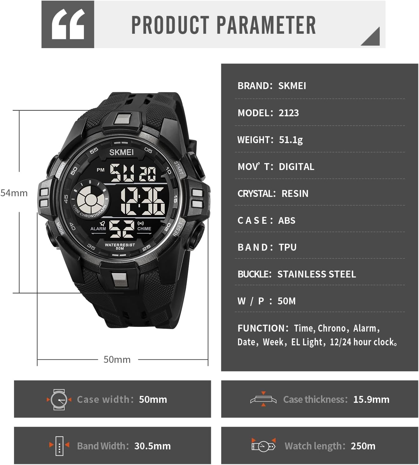 Mens Digital Multifunction EL Light Stopwatch Chronograph Outdoor Sports Watch 50M Waterproof Date Calendar Alarm Luminous Back Light Week Display Casual Lightweight Black Wristwatch