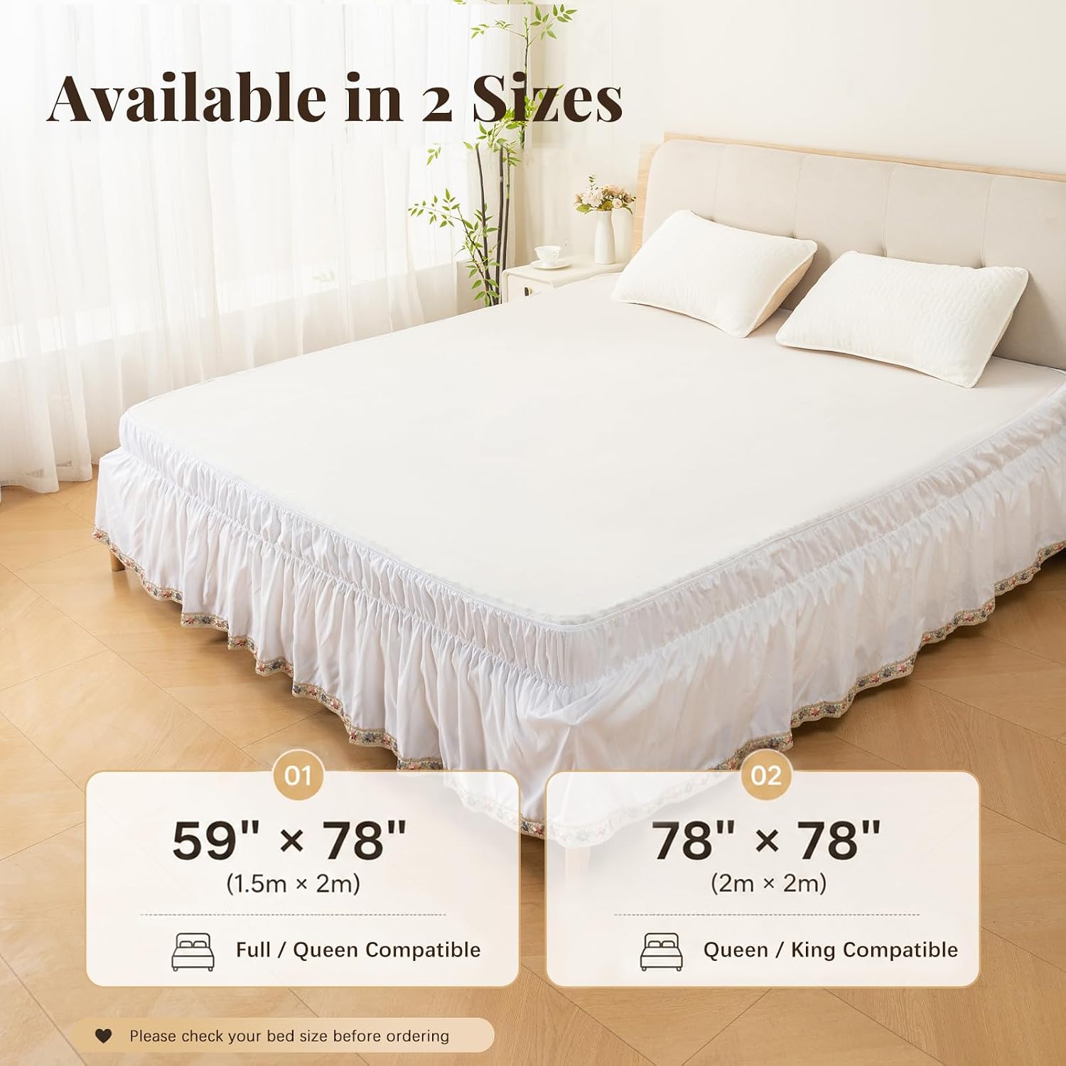 White Wrap Around Bed Skirt, Floral Trim, Queen | Adjustable elastic wrap-around design with floral trim adds a decorative finish and helps conceal the bed frame and storage.