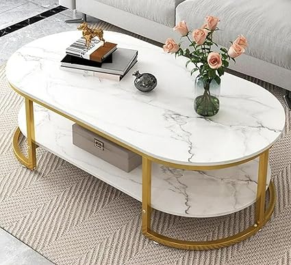 Crown Art Shoppee Coffee Tables For Living Room Modern Coffee Table Oval Sofa Table Center Tables For Living Room 2 Tier Side Table Small Apartment Home Furniture-White Gold 2T - Metal