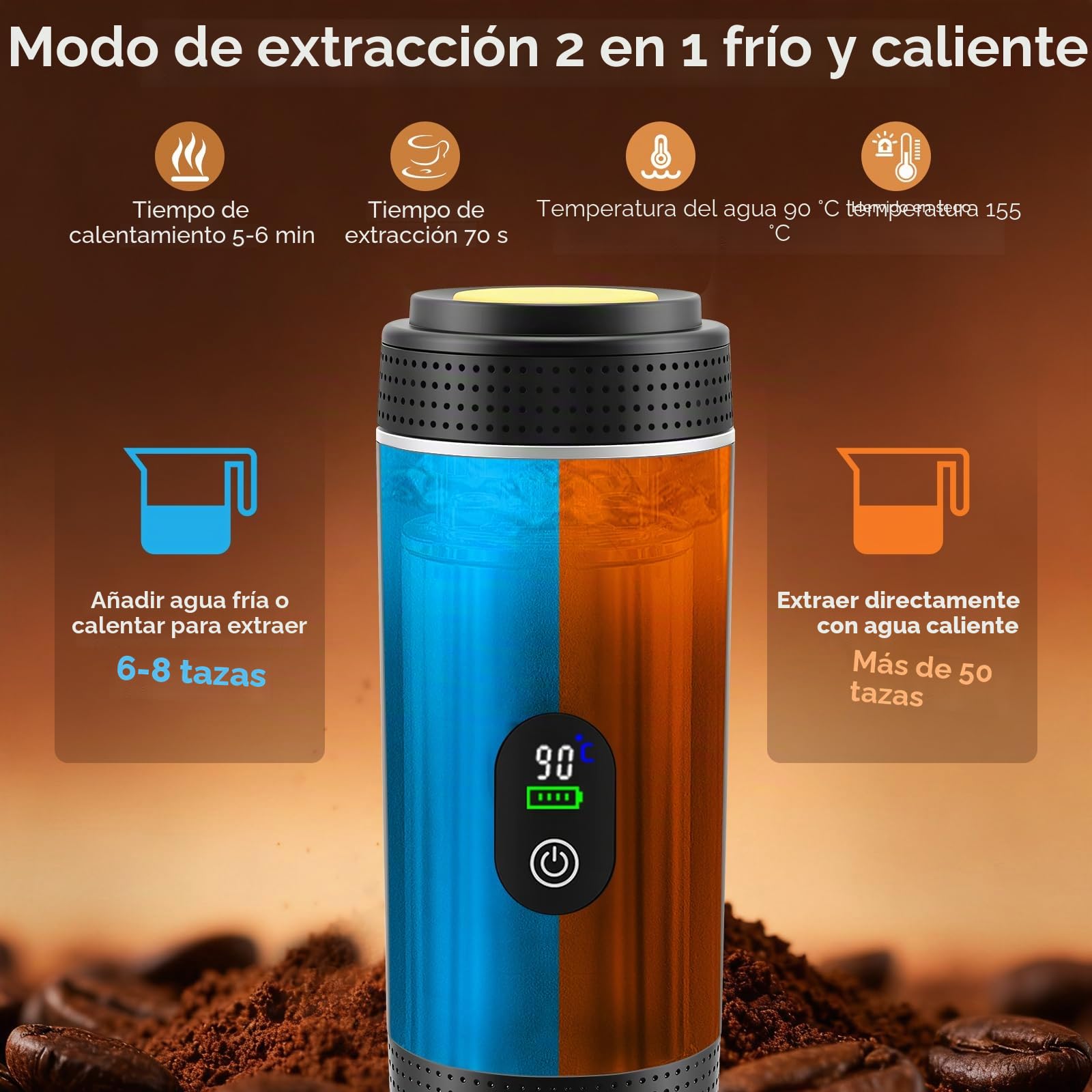 Minicafetera portátil 3 en 1 con batería - Cafetera espresso para coche USB-C - Compatible con cápsulas y café molido - Ideal para camping, autocaravanas y regalos de viaje, color blanco