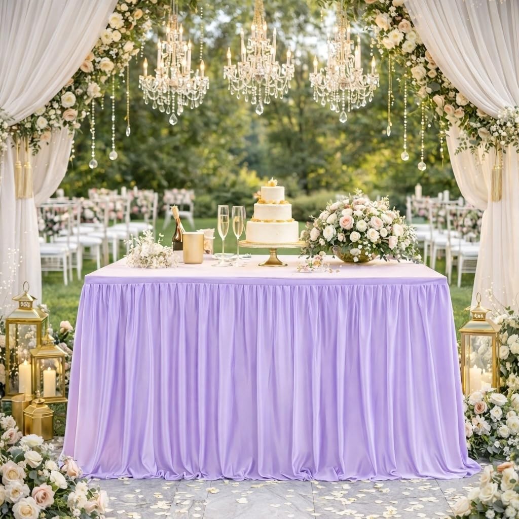 Light Purple Table Skirts 14ft Ruffle Tablecloth for Rectangle and Round Tables for Princess Baby Shower Girls Birthday Wedding Party Banquet Cake Dessert Decorations