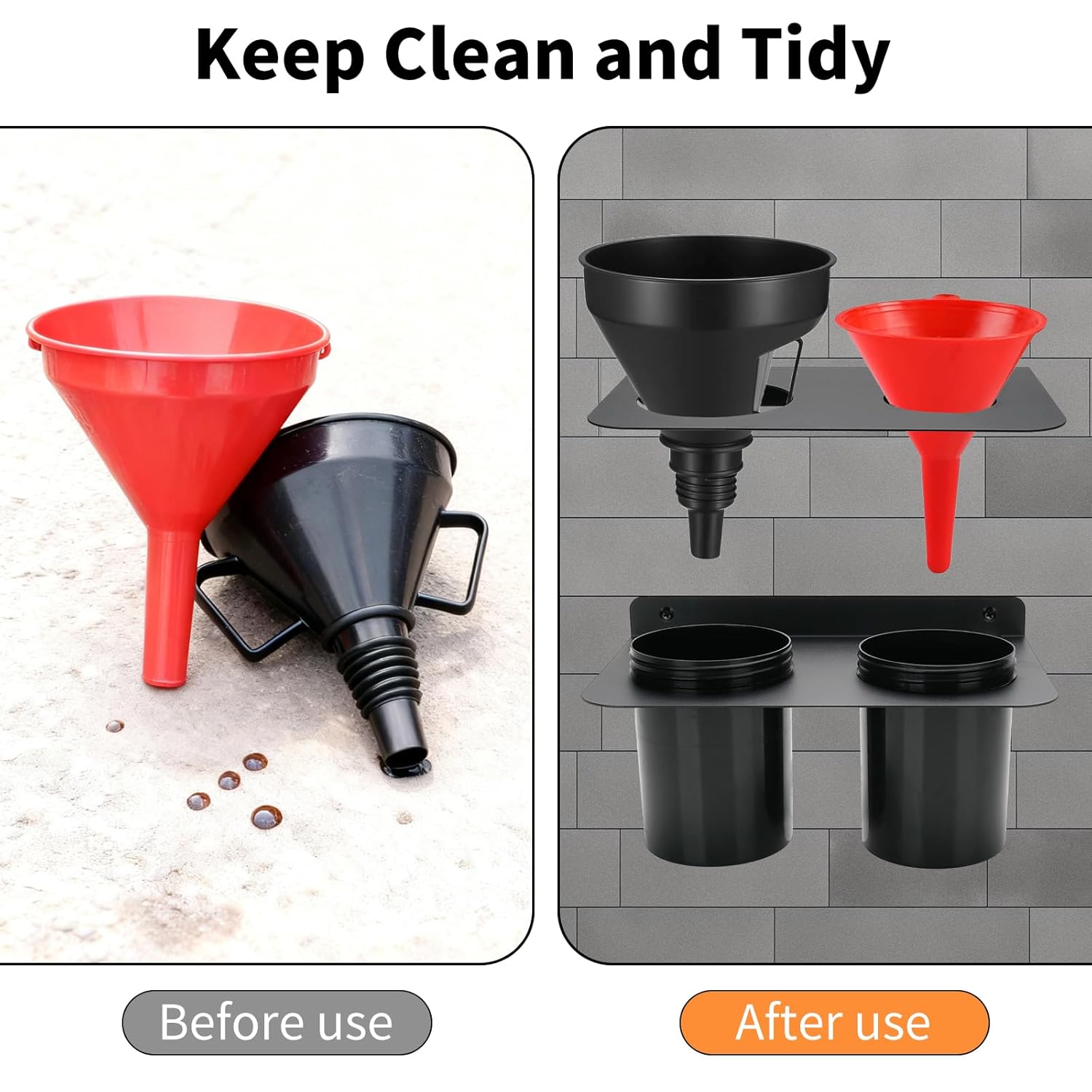 Oil Funnel Holder Storage Rack Wall Mount Fluid Drain Funnel Kit with 2 Plastic Removable Drip Cups and Screws for Trailer Fluid Oil Filter Use Organizer House Automotive Garage Shop
