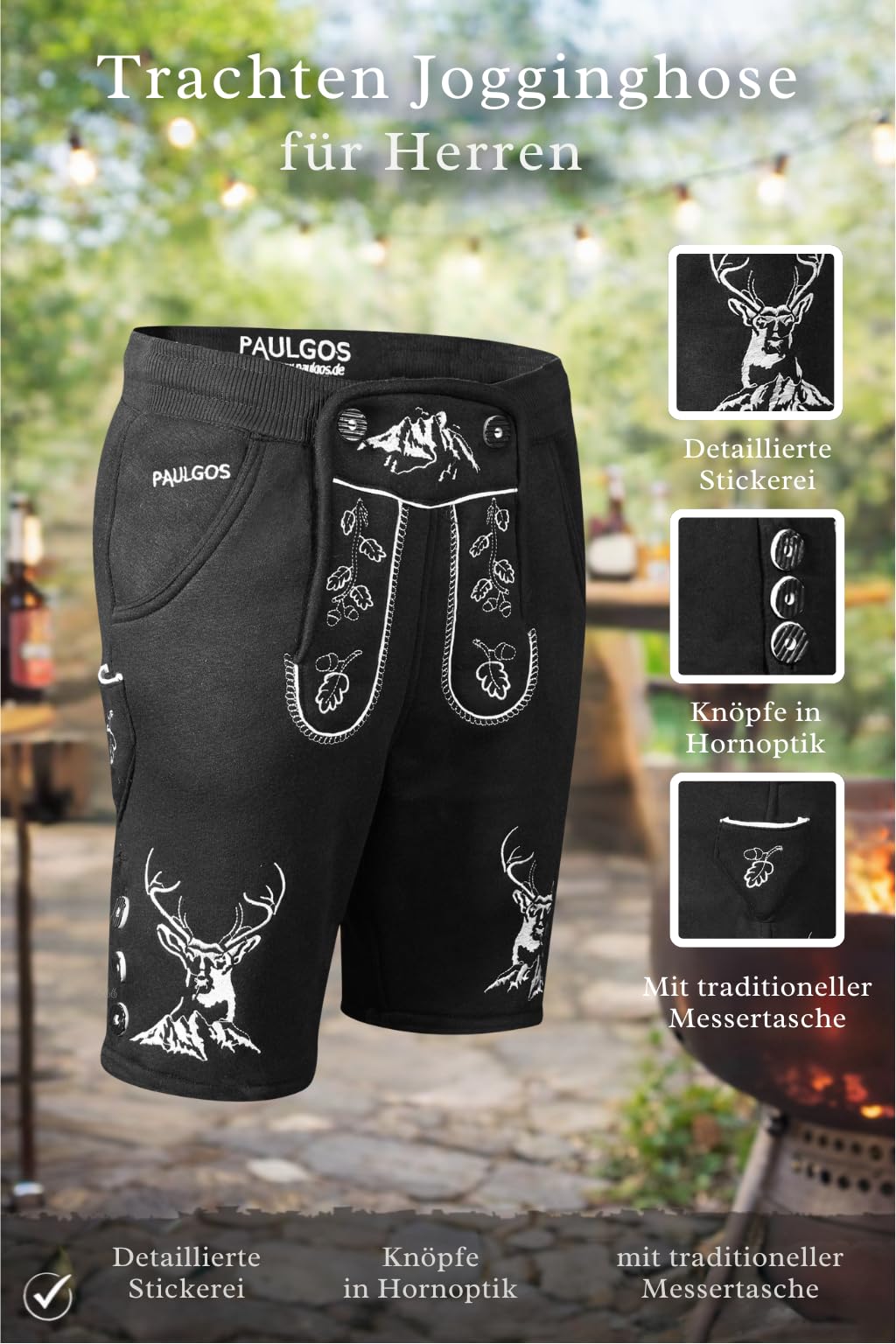 PAULGOS Herren Trachten Jogginghose, Optik Trachten Lederhose, Kurz in 3 Farben Gr.S-5XL JOK4