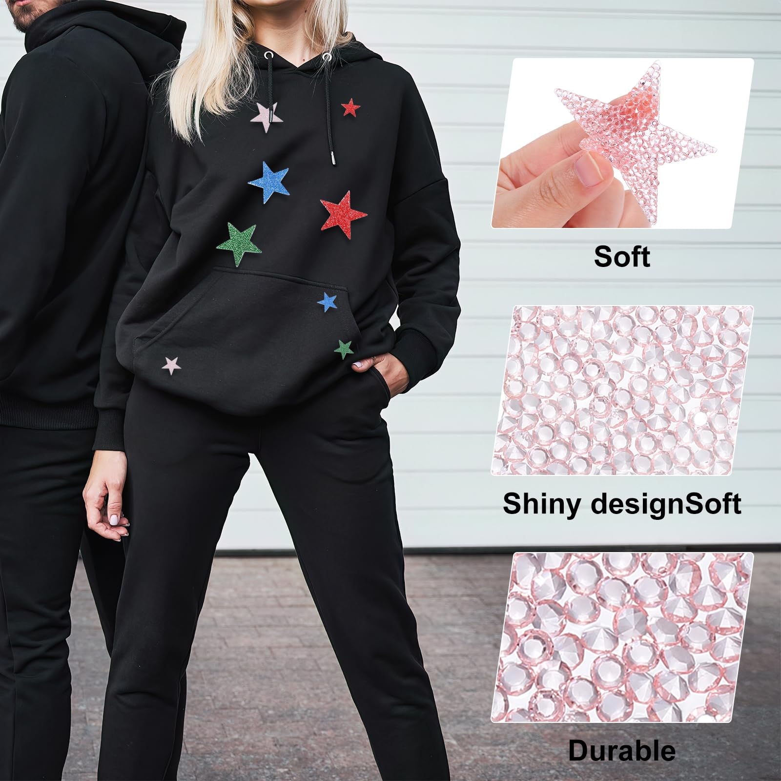 MECCANIXITY 16 parches para planchar con diseño de estrella y diamantes de imitación, parches bordados con brillantina, para ropa, manualidades, bolsos, sombreros, pantalones, en 4 tamaños