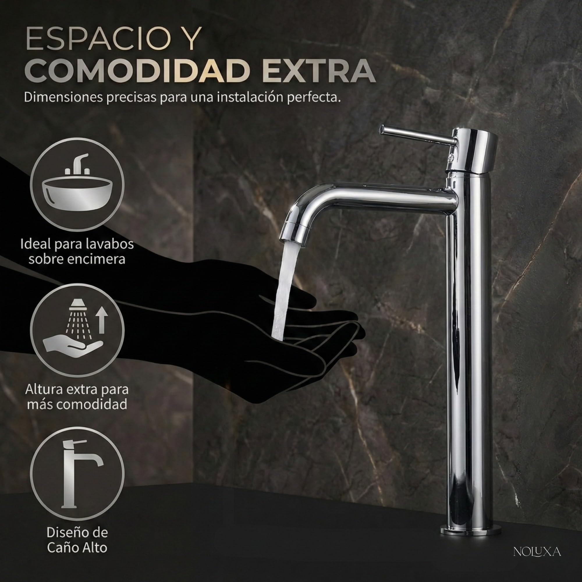 IMEX - Grifo Lavabo Cromado Caño Alto | Grifo Baño Mezclador Agua Fría y Caliente | Grifería Monomando Efecto Cascada con Caño de Latón y Ahorro de Agua | Serie Monza | Color Cromado