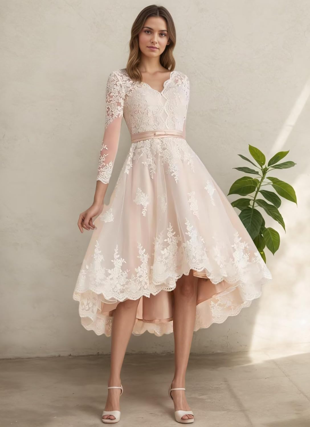 A Line Short Wedding Dresses for Women Applique Lace Satin Bride Dress Tea Length 3/4 Sleeves Bridal Gowns 2026