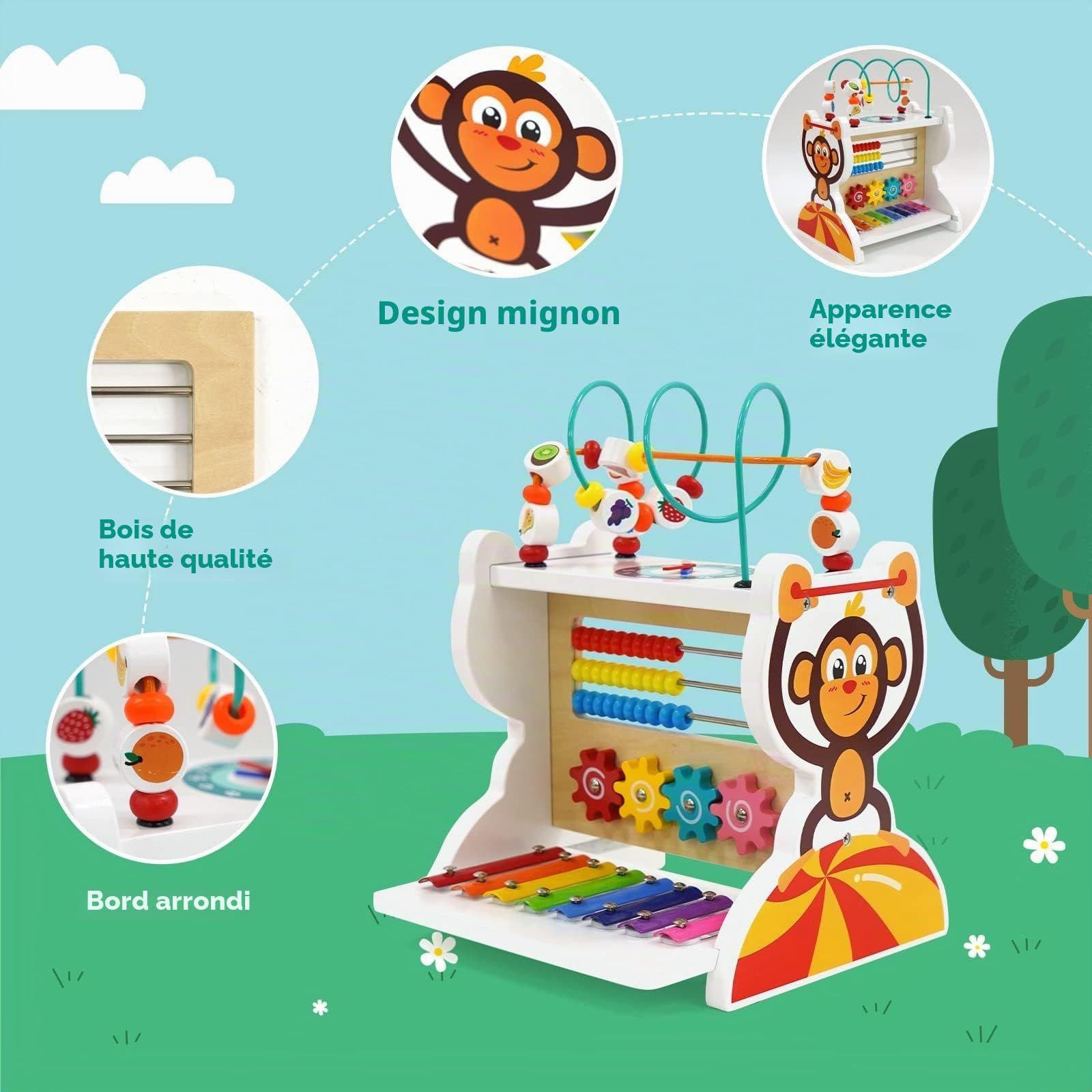 Cube d’Activités en Bois 5-en-1, Labyrinthe de Perles, Engrenanges, Horloge, Montessori bébé Jouet Cadeau pour Enfants de 3 Ans+