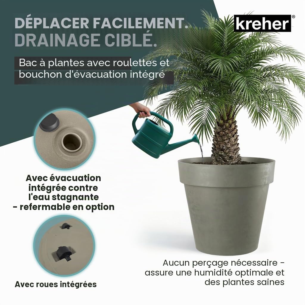 Kreher Pot de fleurs XXL avec roulettes, diamètre 79 et 58 cm, anthracite et blanc. Pot de fleurs robuste, grand pot de fleurs pour fleurs, arbres, extérieur et intérieur (marron, lot de 2)