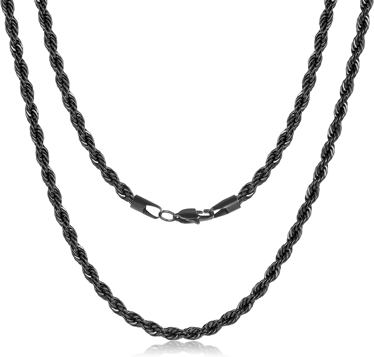 Black Rope Chain for Men, Stainless Steel Chain Necklace, 2.5mm 3mm 4mm 5mm Twist Mens Necklace