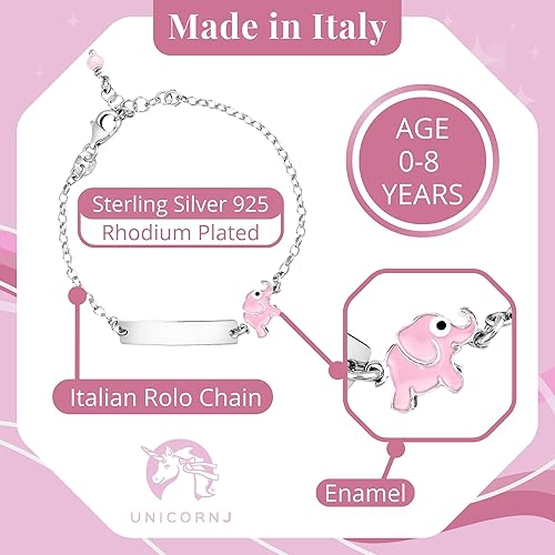 Miniatura 3 de UNICORNJ Pulsera de plata de ley 925 grabable con cadena Rolo para niñas con esmalte rosa de 6.5 pulgadas