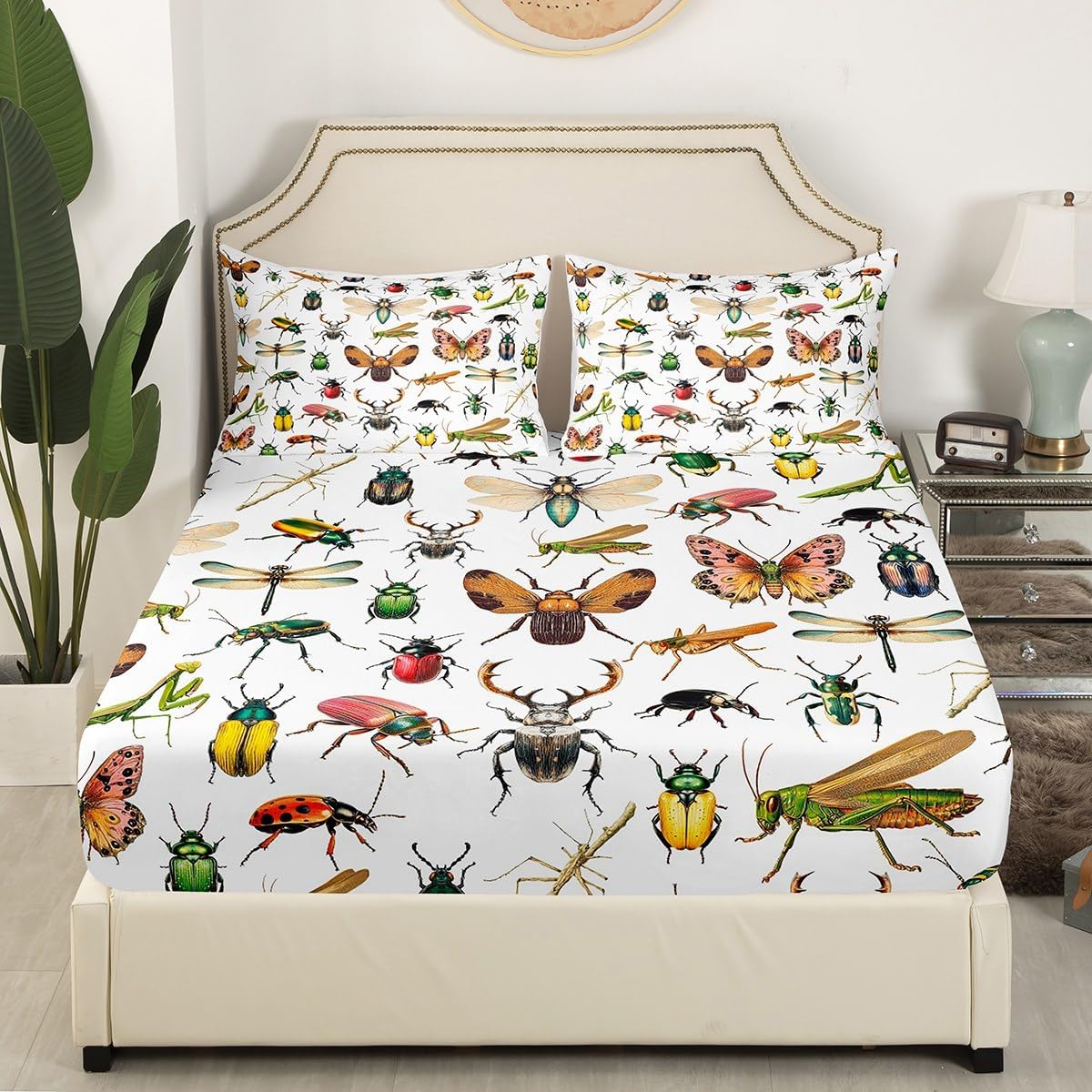 3D Insects Fitted Sheet Twin,Ladybug Moth Beetle Bedding Sets 2Pcs for Kids Teens Woman Men Room Decor,Dragonfly Wildlife Bed Sheets Reptile Entomology Theme Deep Pocket Sheet,1 Pillowcase