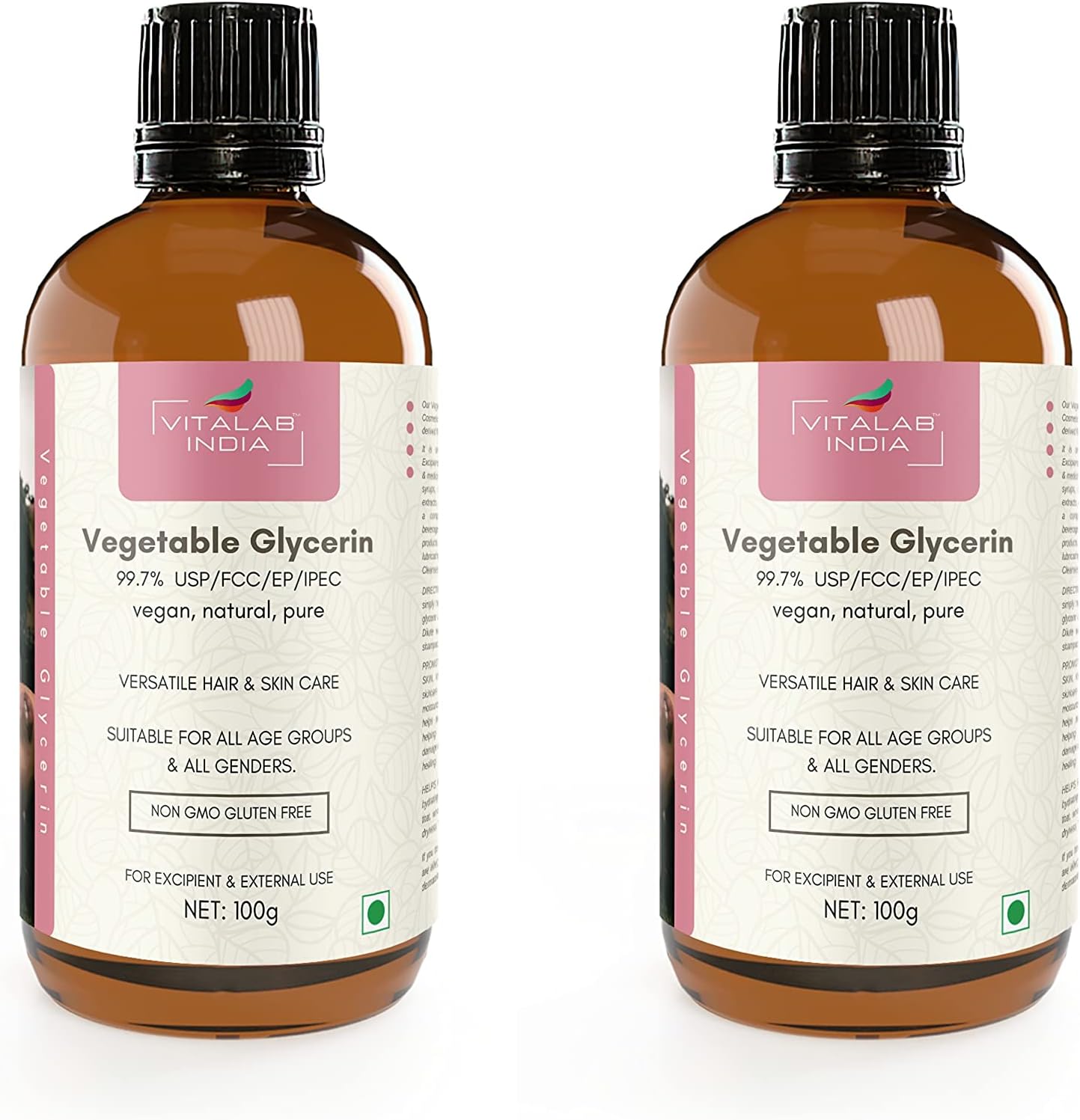 VITALAB Vegetable Glycerin USP Food Grade liquid for Face Skin Hair lips Cake Fondant baking, Non GMO Gluten Free Vegan Glycerine soap base, 2 x 100g Glass Bottle, small, 2x 3.5 fl oz