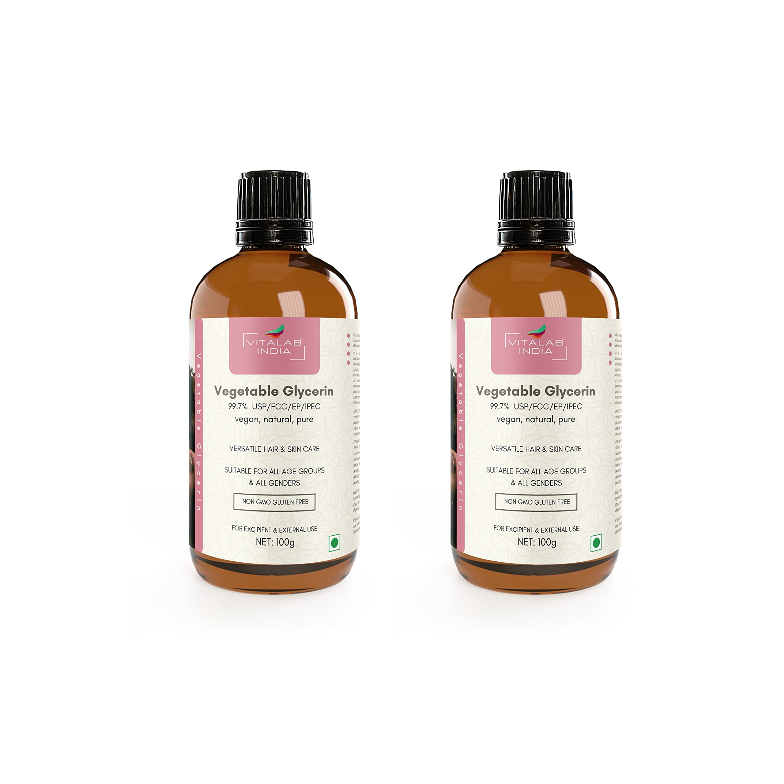 VITALABVegetable Glycerin USP Food Grade liquid for Face Skin Hair lips Cake Fondant baking, Non GMO Gluten Free Vegan Glycerine soap base, 2 x 100g Glass Bottle, small, 2x 3.5 fl oz