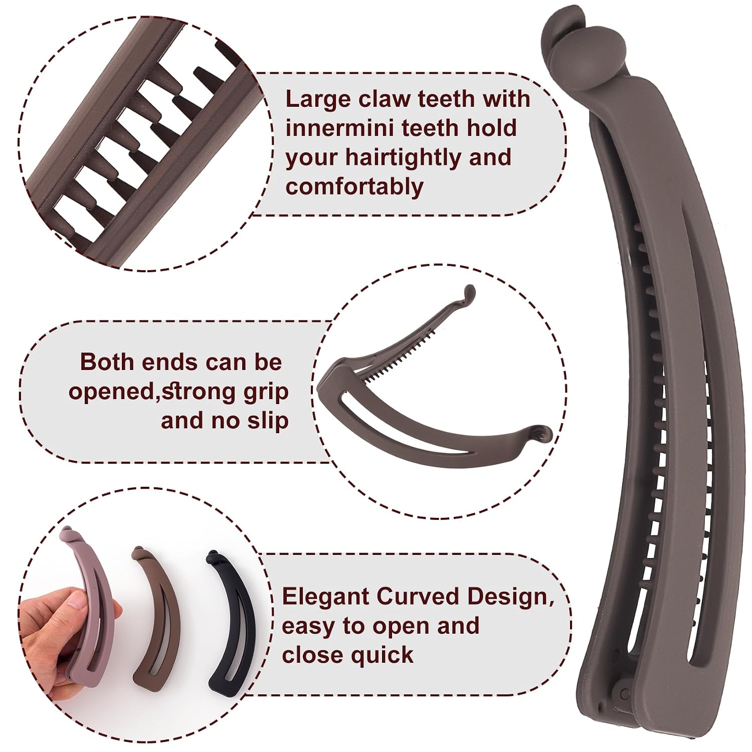 3PCS Banana Hair Clips, Fish Shaped Large Strong Hair Claw Clip with Double Combs, Classic Non-Slip Accessories for Women Straight Curly Long Hair - Gray, Dark Coffee, Black (Frosted) image 3