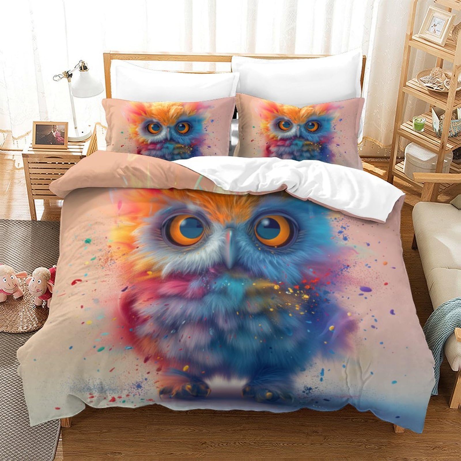 Housse de couette hibou 260x220 cm avec taies d'oreiller pour lit super king