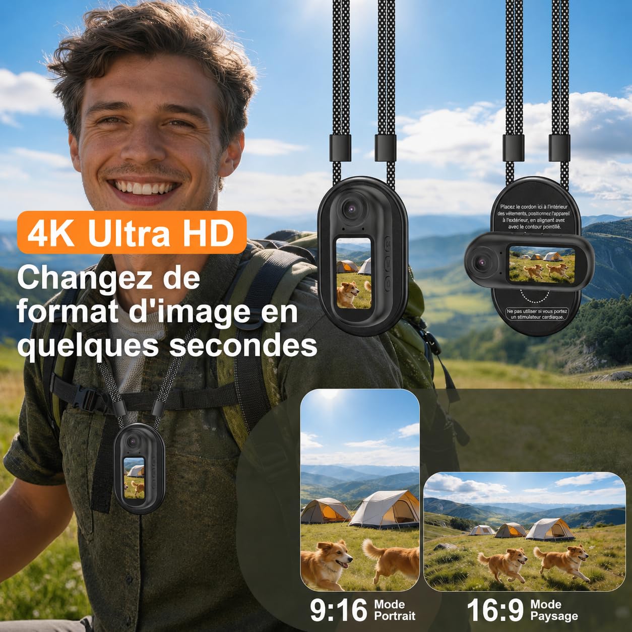 Mini Caméra Sport 4K 30FPS, Photos 64 MP, WiFi, Bluetooth, EIS 6 axes | Écran HD 1,5", Carte U3 32 Go, 35 g, Autonomie 130 min, Boîtier étanche 30 m et Kit Casque/Vélo.