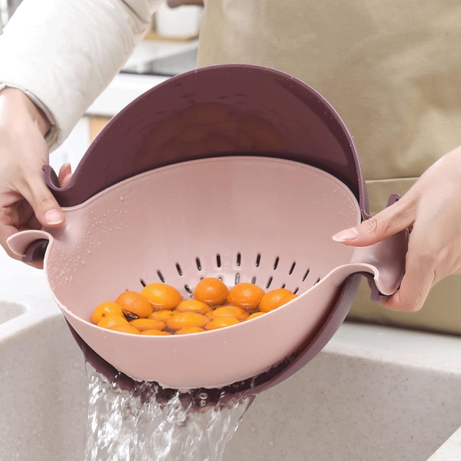 2 In 1 Colander Kitchen Strainer with Handle Round Rotatable Plastic Drain Basket Dishwashing For Washing Fruits and Vegetables in The(C)