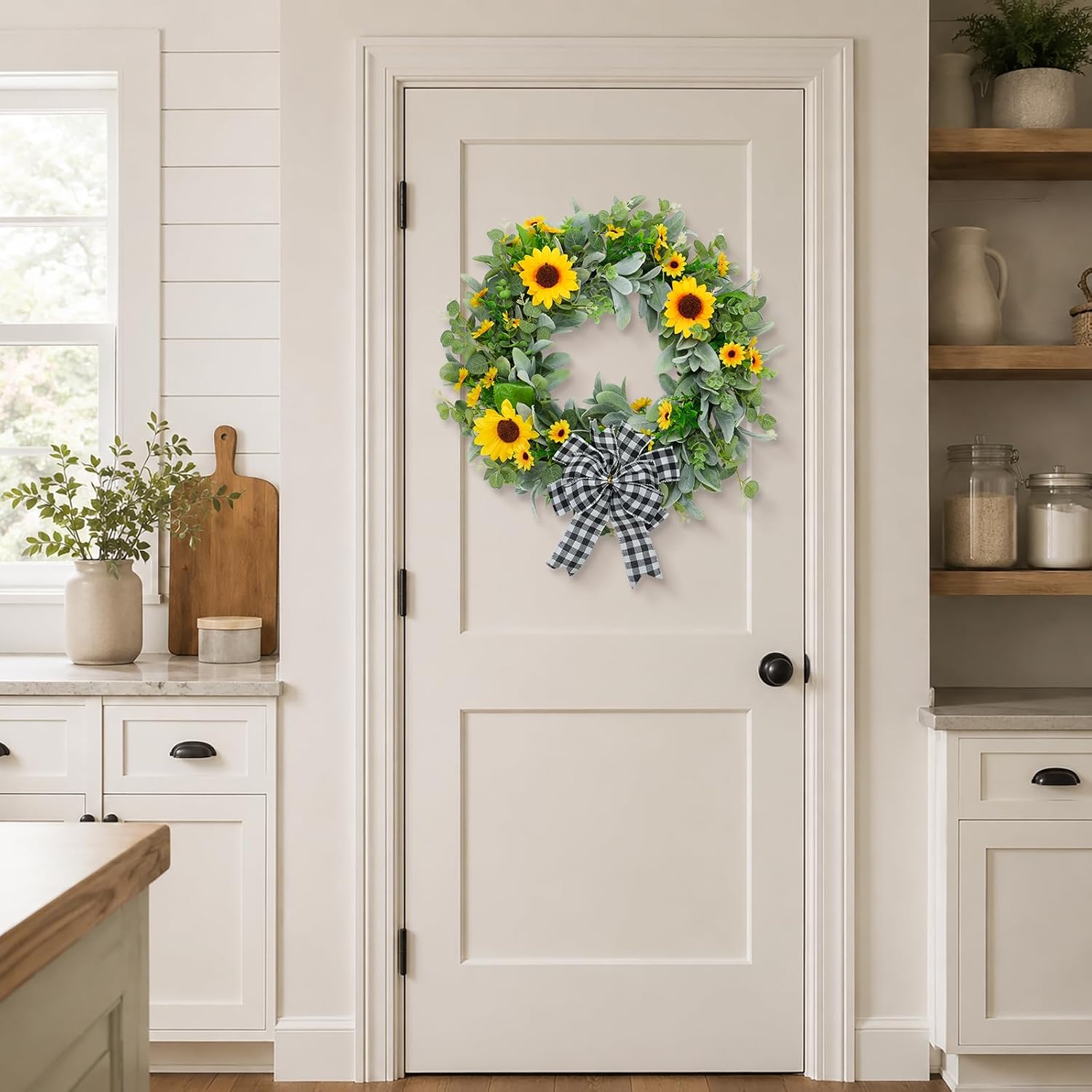 24" Sunflower Wreaths for Front Door, Rustic Summer Spring Front Door Wreath with Eucalyptus and Buffalo Plaid Bow for Indoor Outdoor Wall Window, Farmhouse Floral Wreath Decor for Porch