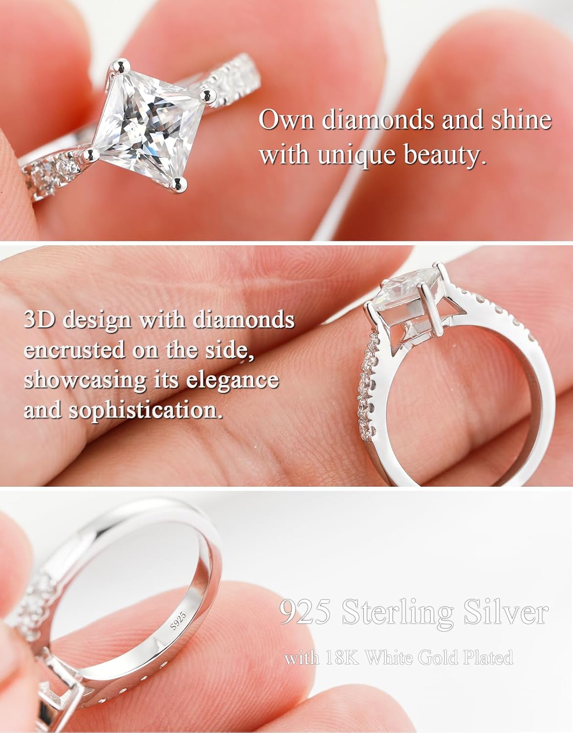 2CT Moissanite Engagement Ring for Women，D Color VVS1 doubel band Princess Cut Solitaire S925 Sterling Silver Plated 18k White Gold Wedding Promise Anniversary Ring - Image 6