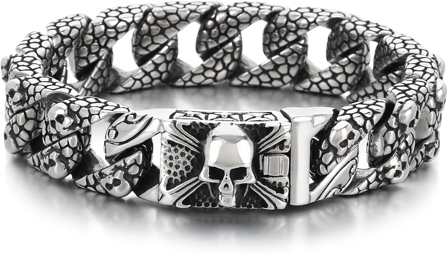 Men's Gothic Skull Curb Link Chain Bracelet - Stainless Steel Punk Rock Bracelet for Men, Gothic Jewelry, Unique Gifts for Men, Adjustable Skull Bracelets, Gift for Him, Ideal for Father's Day