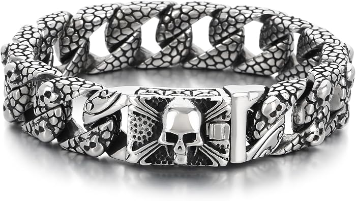 Mens Gothic Skull Curb Link Chain Bracelet - Stainless Steel Punk Rock Bracelet for Men, Gothic Jewelry, Unique Gifts for Men, Adjustable Skull Bracelets, Gift for Him, Ideal for Fathers Day