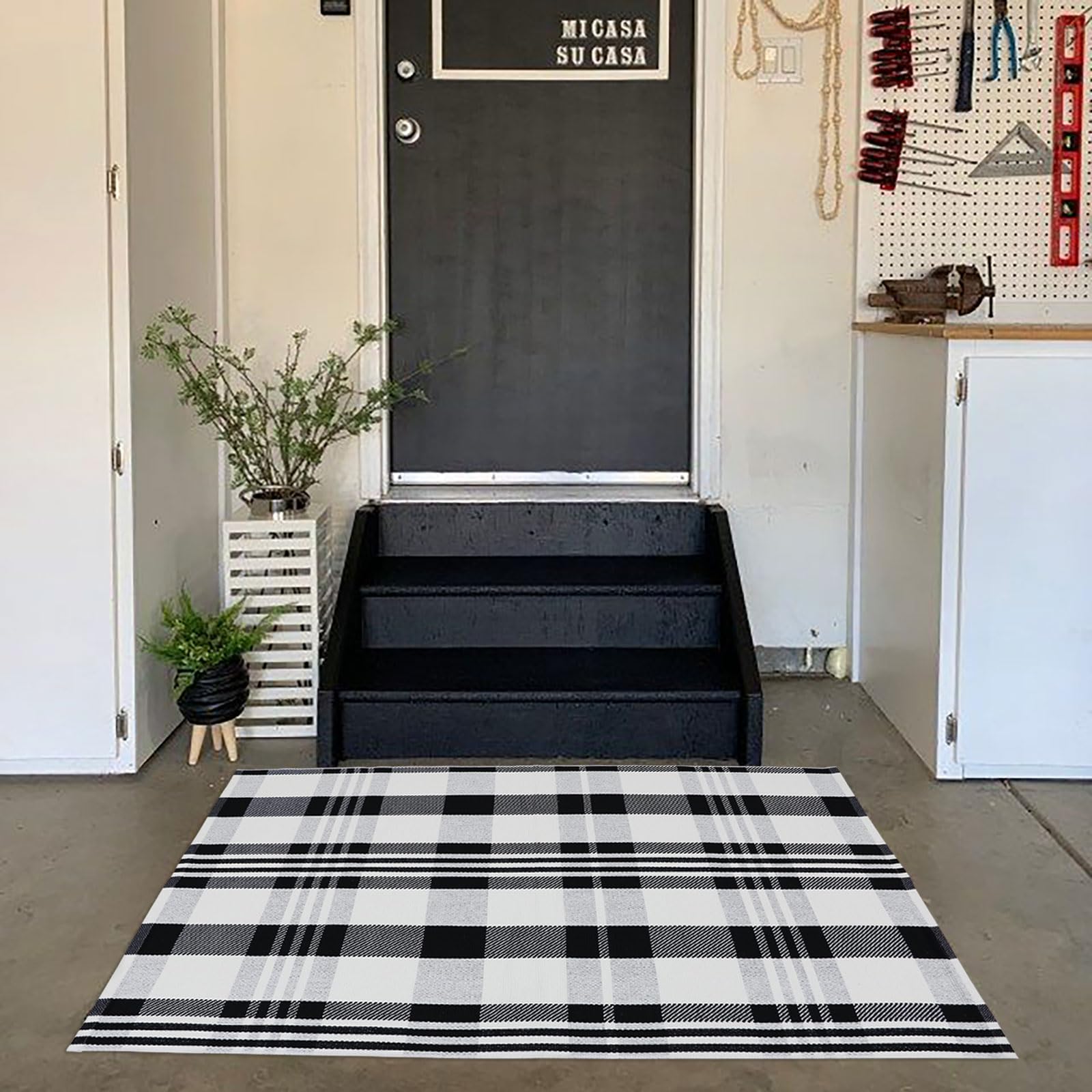 Alfombra de Navidad a cuadros para exteriores, 27.5 x 43 pulgadas, alfombra de área para interiores y exteriores, alfombra de capas para felpudo de saludo/bienvenida, lavable a máquina, alfombra