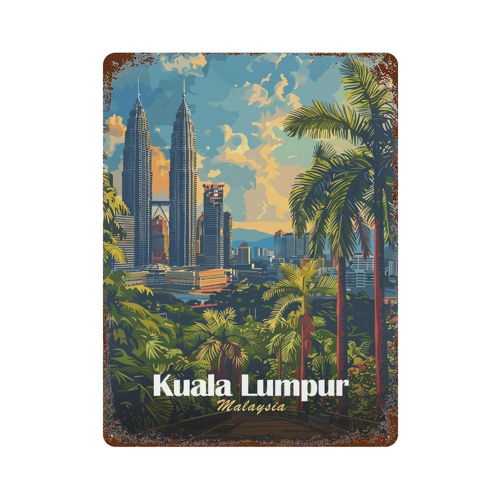 Kuala Lumpur, Malaysia Cityscape Art 15.7"x11.8" Rusty Metal Tin Sign, Farmhouse Wall Decor for Office, Studio And Wall Decor