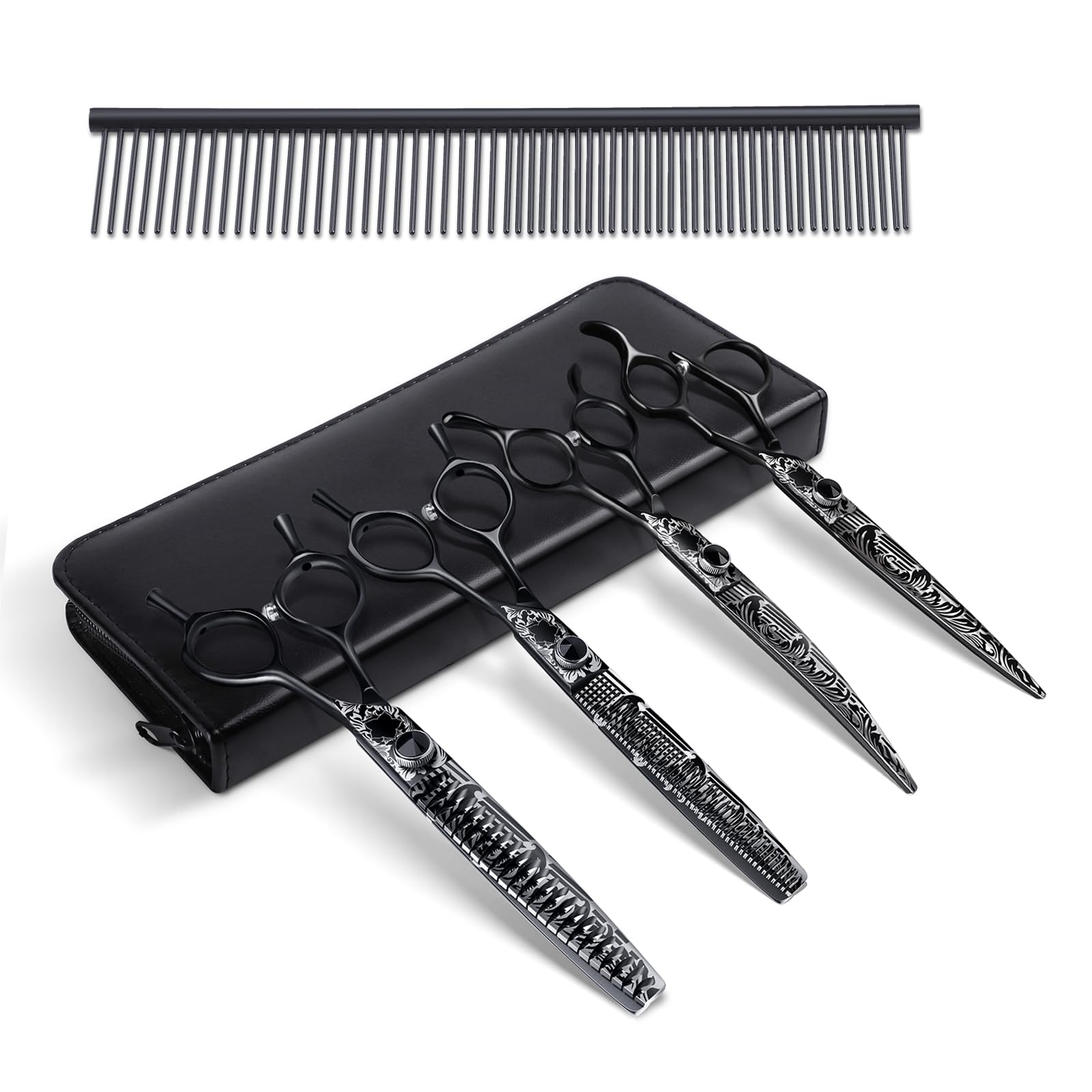 JASONDog Grooming Scissors Kit, Professional 6 in 1 Dog Scissors Set - Thinning Shear, Straight Scissor, Dog Chunker, Down-curved Shears and Comb for Dog Cat Pet (Black, 8")