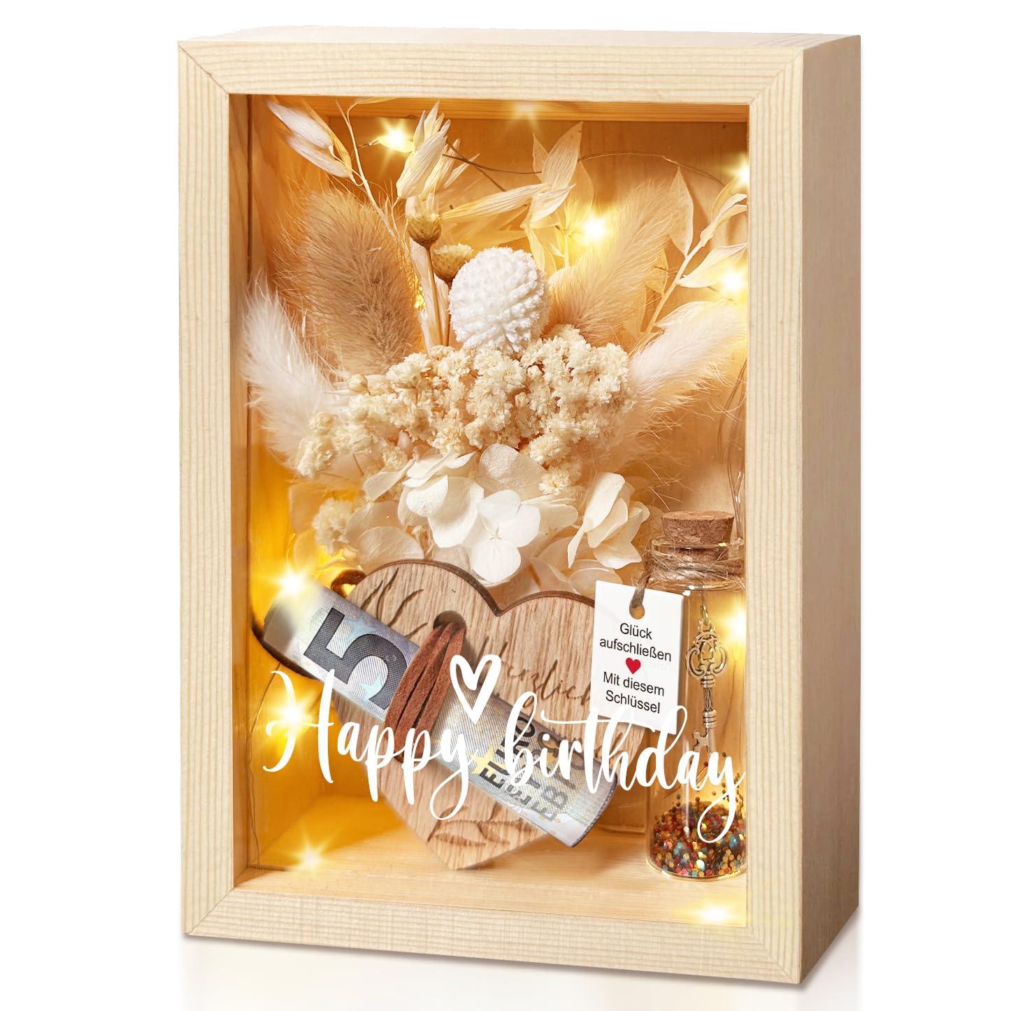 Geburtstagsgeschenk, Geldgeschenke Geburtstag, Liebes Geschenk Für Sie，inklusive Ewige Blumen, Holzbox, Kunststoff Reagenzglas, Lichterketten, Schlüssel Geschenkbox Für Frau Und Mann