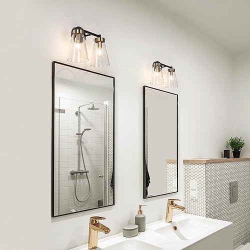 Miniatura 5 de Lámpara de baño de 2 luces, luz negra y dorada, moderna lámpara de pared de baño con pantalla de vidrio transparente, lámpara de pared de baño para