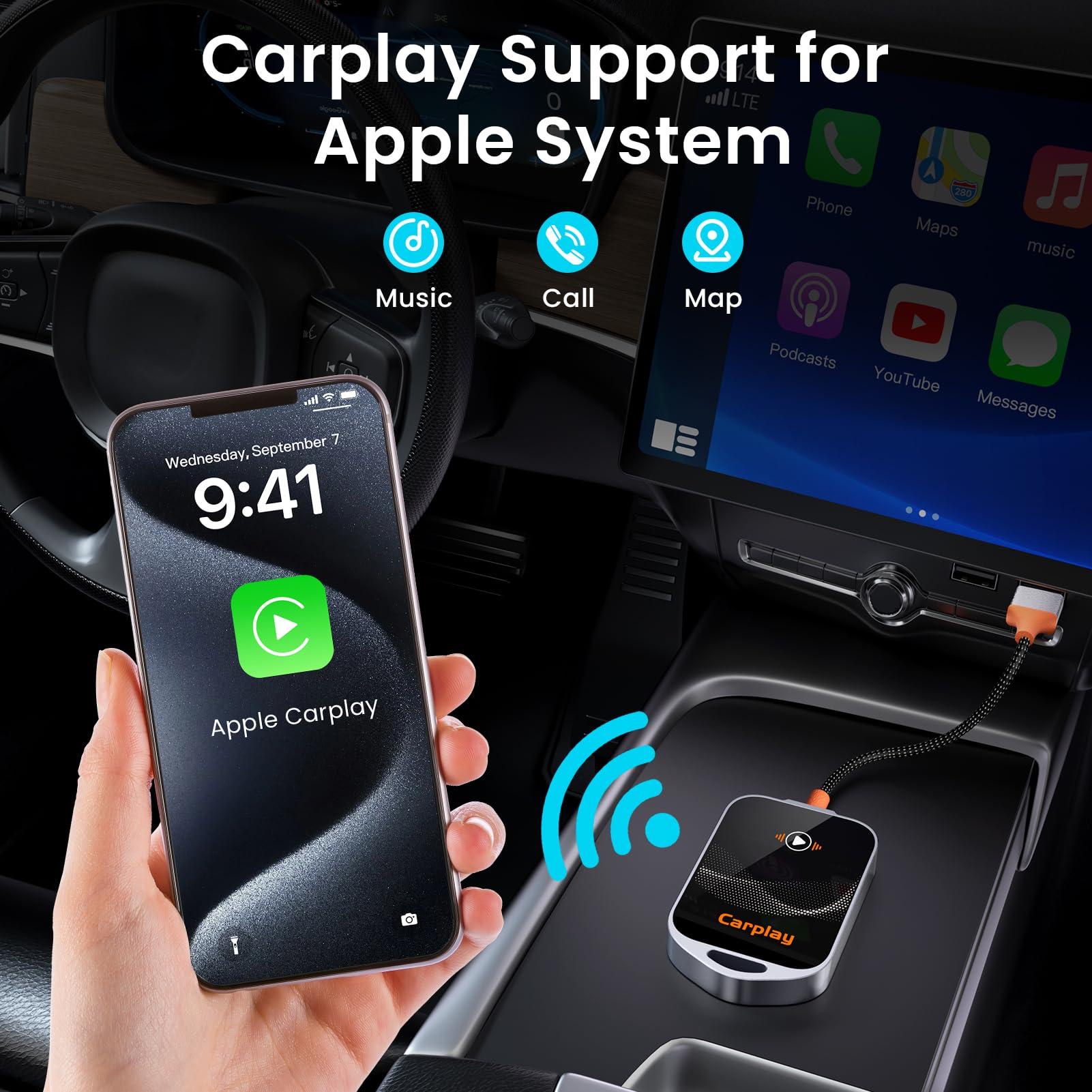 GlasFlength Adaptador Inalámbrico Carplay para iPhone, CarPlay Wireless Adapter con Puerto USB-A a USB-C Plug and Play Convierte Cableado a Inalámbrico Compatible con posteriores y con iOS 10+