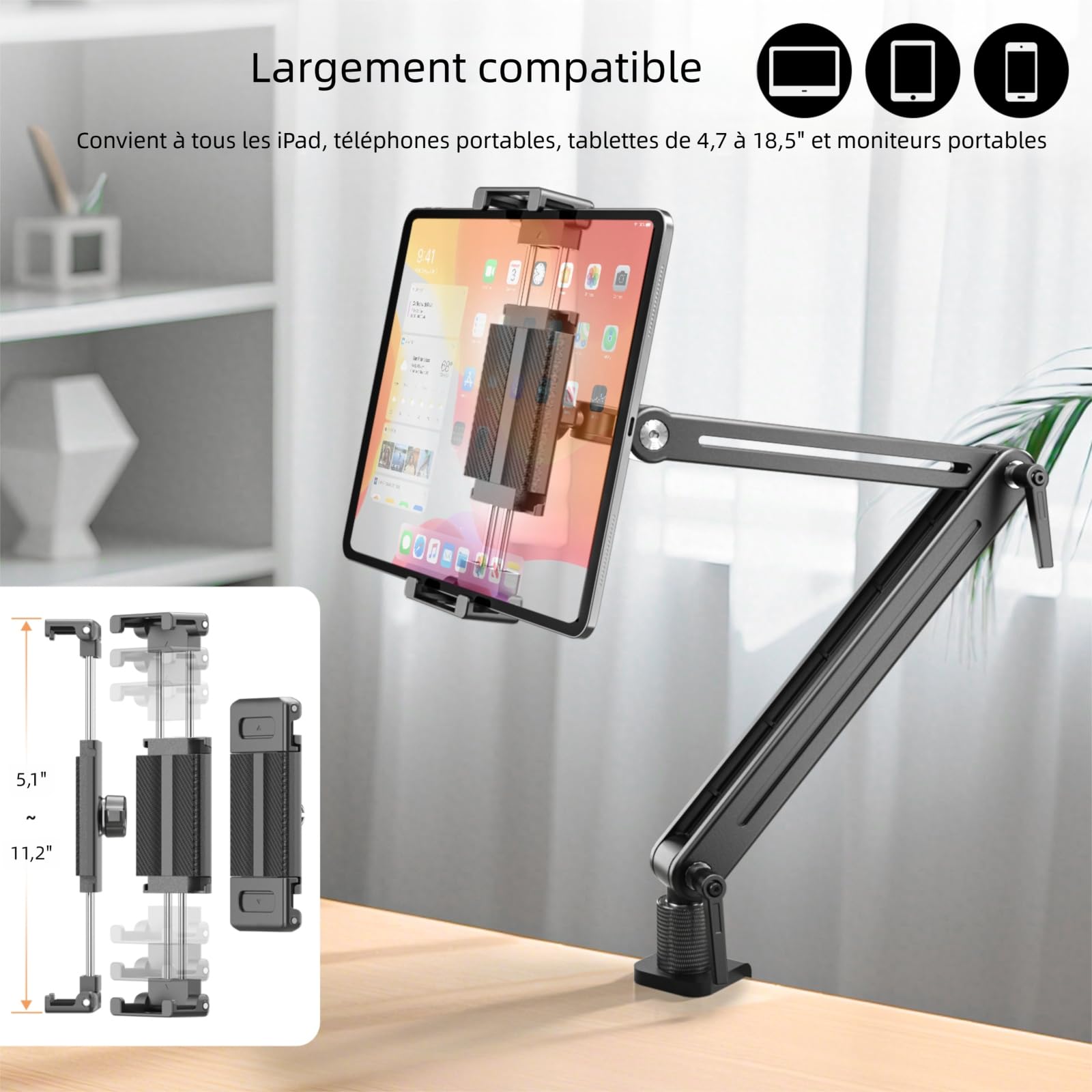 Support Tablette Bureau - Support iPad Portable en Alliage d’Aluminium avec Réglages Flexibles, Compatible avec iPad Air/Pro/Mini, Samsung Galaxy & 4,7-18,5 Pouces Appareils - Support Tablette Lit