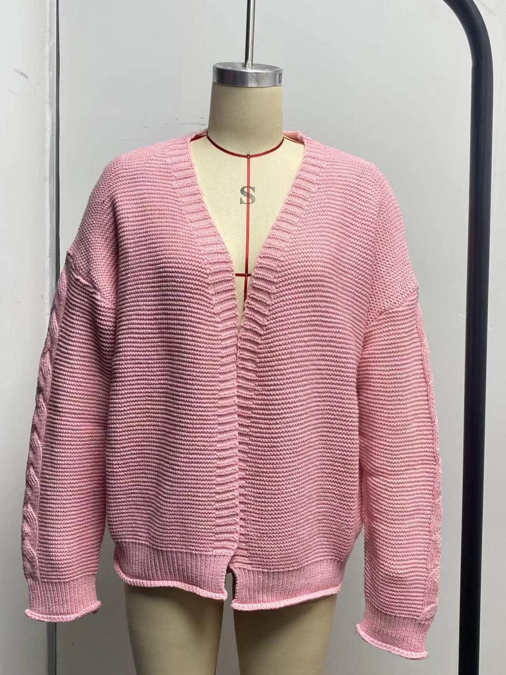 HGJH Damen Strickjacke,Damen-Strickpullover Vorne Offen Cardigan V-Ausschnitt Zopfmuster Kimono Grobstrick Einfarbig Braun Cardigan Weich Elegante Leichte Herbstjacke Für Lässiges Business