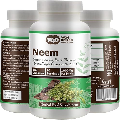 Neem Triple Complex - Cápsulas de Azadirachta Indica de alta potencia, hojas de neem, corteza, flores en proporción (801010) - 180 cápsulas, 90
