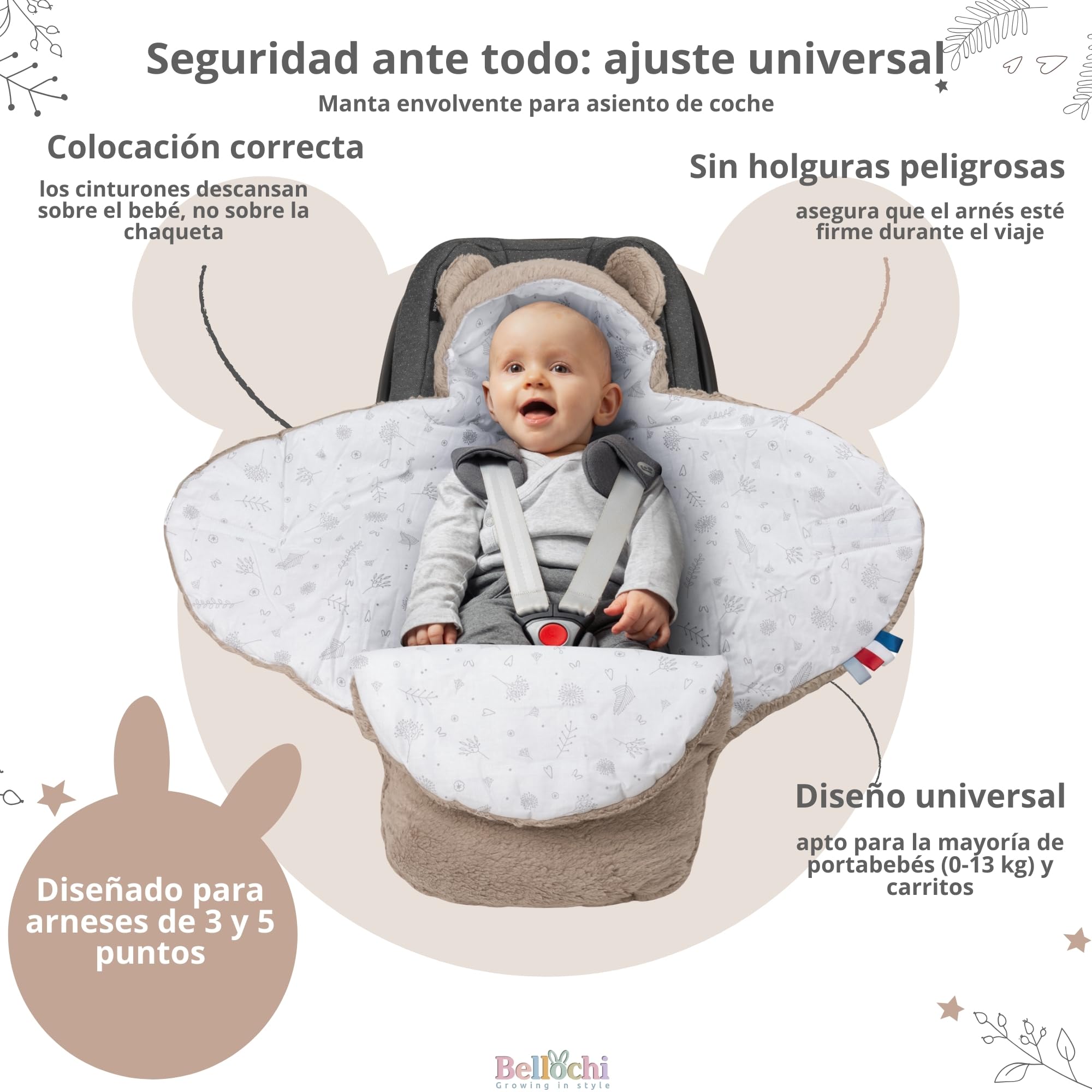 BELLOCHI Manta para capazo de bebé, color marrón, manta para cochecito y asiento de coche, 90 x 90 cm, algodón suave, con certificación Oeko-Tex, manta de invierno para bebés