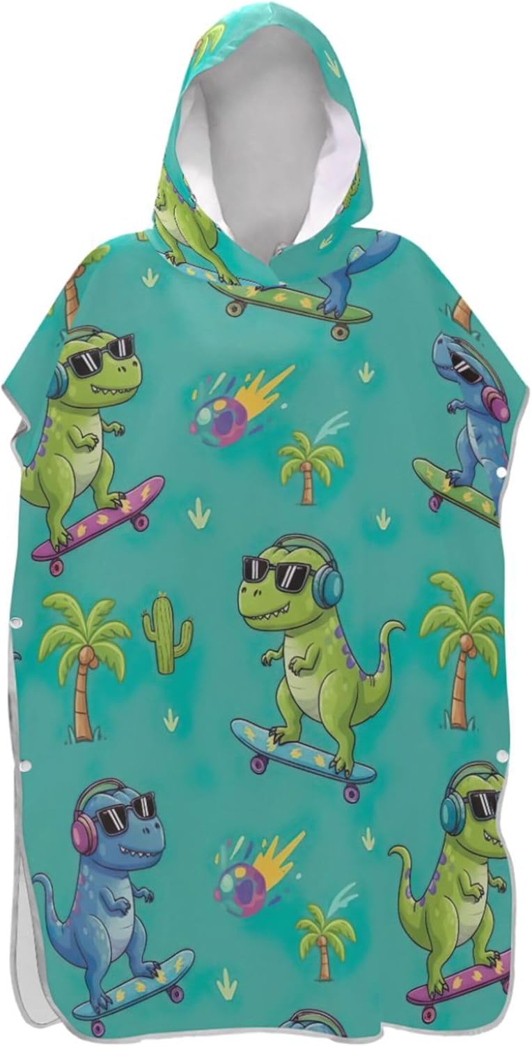Surf Poncho for Adult Changing Robe Hooded Swimming Towel Wearable Cute Dinosaurs Skateboards Teal Womens Ponchos with Hood One Size