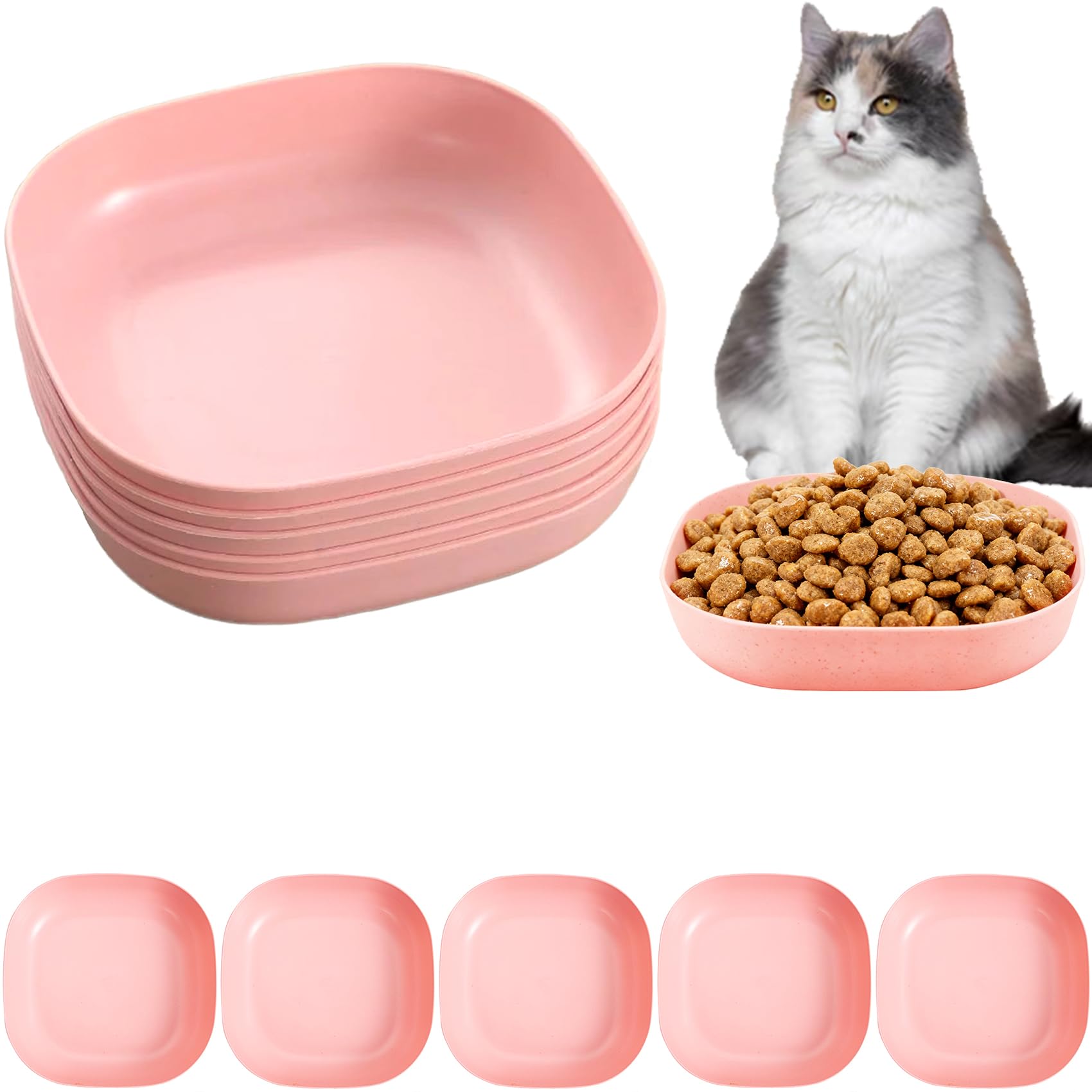 5 Pack Cat Food Bowls, 5.9 inch Unbreakable Wide Shallow Cat Dishes for Relief Whisker Fatigue, Pet Feeding Plate for Kittens, Short Legged Cats and Small Dog, Dishwasher & Microwave Safe (Pink)