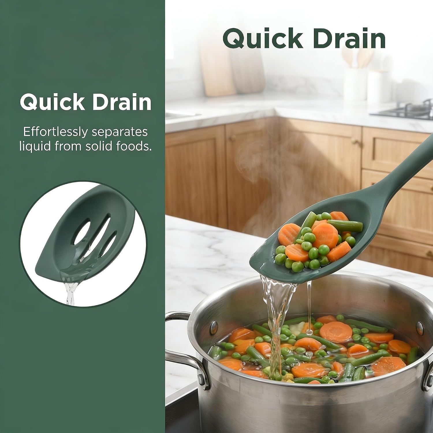 Silicone Kitchen Spoons Set - 2 Pack Heat-Resistant Utensils (Slotted & Solid Spoon) for Cooking, Baking - Non Stick, Dishwasher Safe (Green)