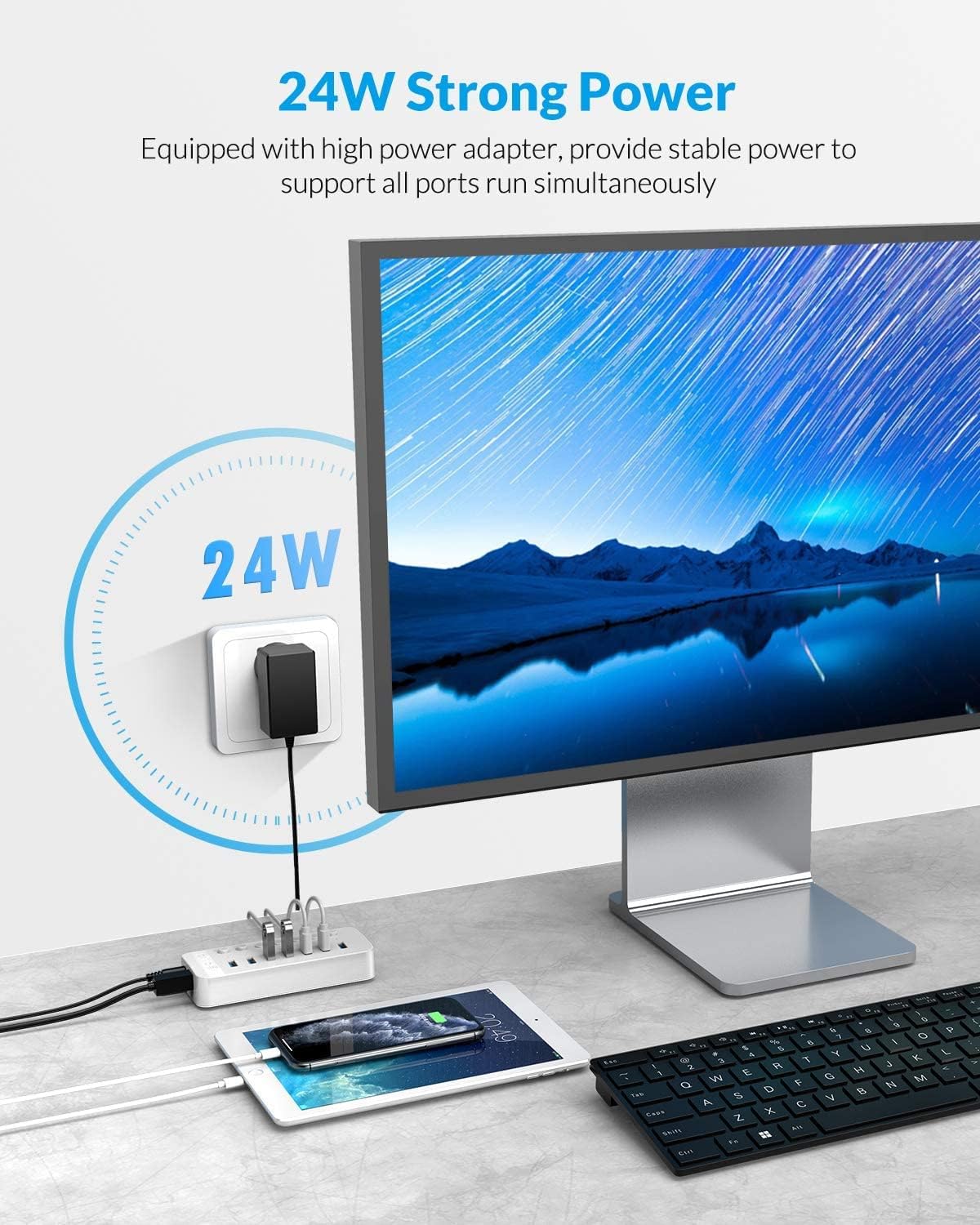 ORICO 7 Port BC1.2 USB 3.0 Powered USB Hub, 7 Ports USB 3.0 Data Hub with BC1.2 Quick Charging, Individual On/Off Switches and 12V/2A (24W) CT2U3-7AB White : Electronics