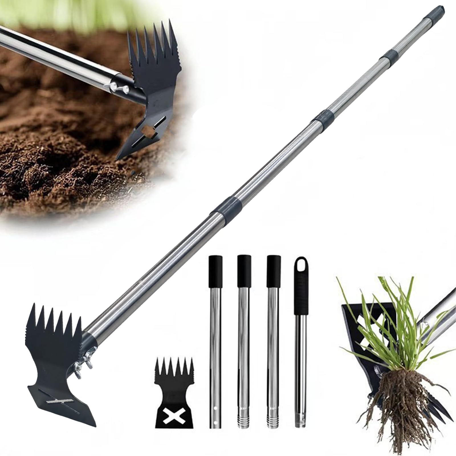 Outil d'arrache-mauvaises herbes manuel 2 en 1 avec long manche, 152,4 cm