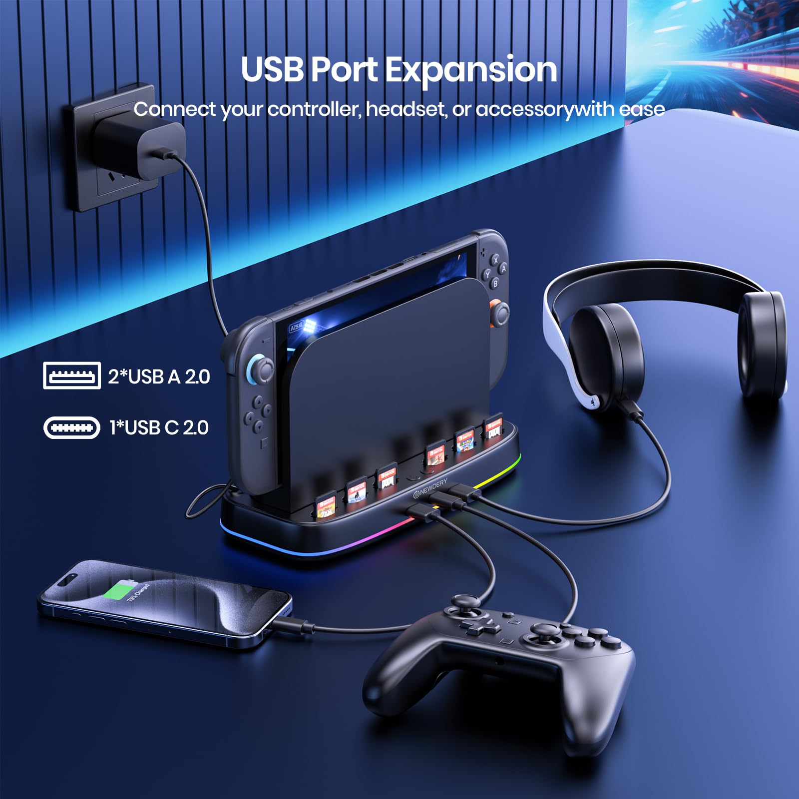 NEWDERY chłodnica do Nintendo Switch 2 Dock, miejsce na 6 kart gier i 3 wyjścia USB, chłodnica Switch 2 z oświetleniem RGB, wentylator dual z 3-stopniową regulacją, stacja chłodzenia Switch 2