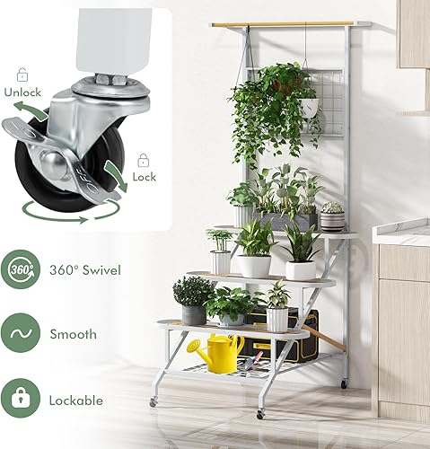 Miniatura 5 de Giantex Soporte colgante para plantas de interior, escalera de metal de 3 niveles con barra para colgar, enrejado, estante de rejilla, soporte alto