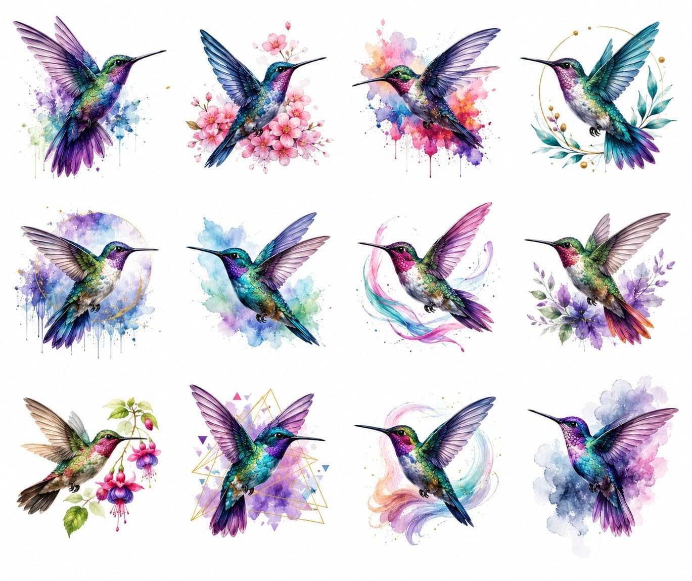 Watercolour Hummingbird UV DTF Cup Wrap Transfer Stickers, 2.5x2.5 Inch, Waterproof Decals for Mugs, Water Bottles, Laptops, Pack of 12